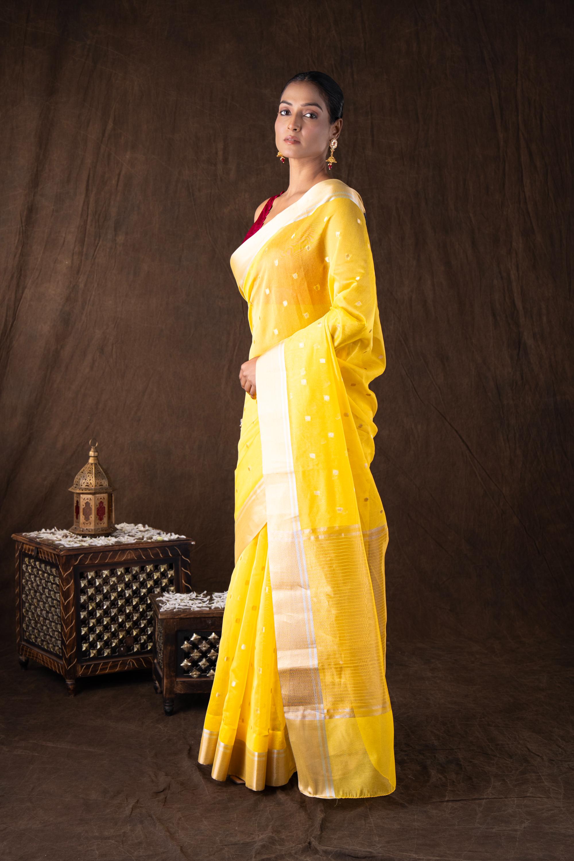 Yellow Katan Silk Zari Boota Banarasi Handloom Saree