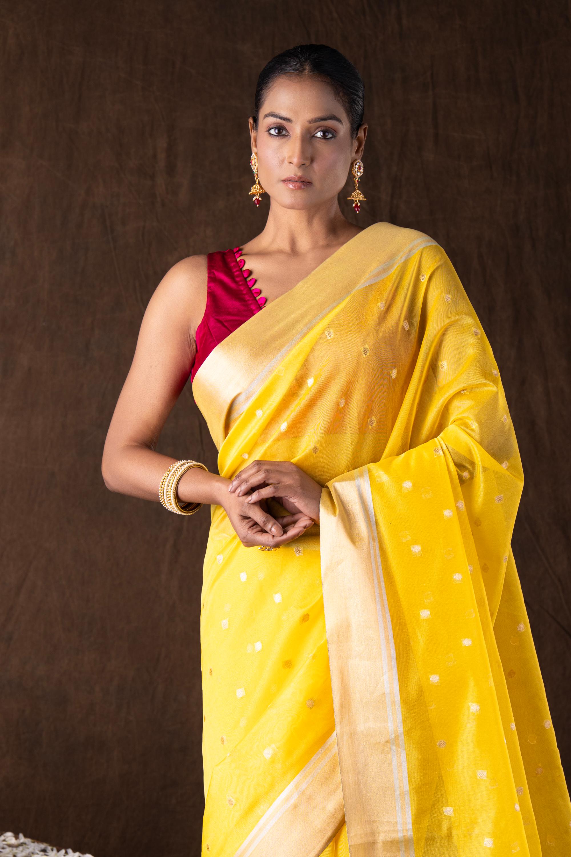 Yellow Katan Silk Zari Boota Banarasi Handloom Saree