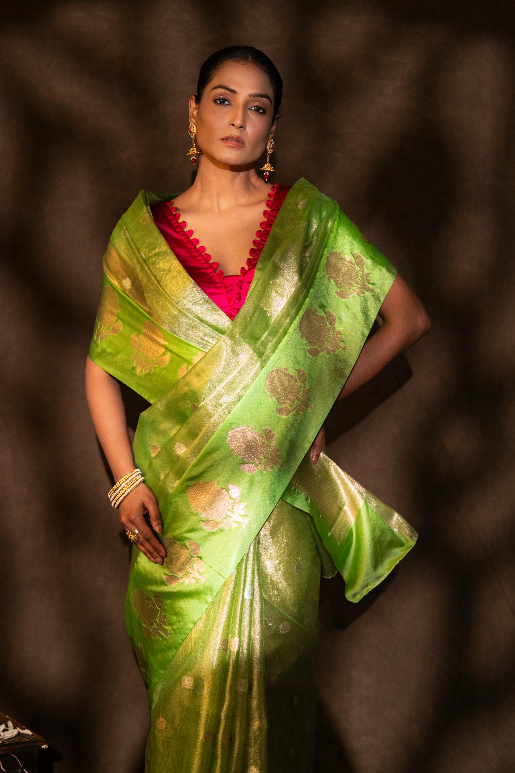 Pista green Tissue Organza Silk banarasi handloom Saree