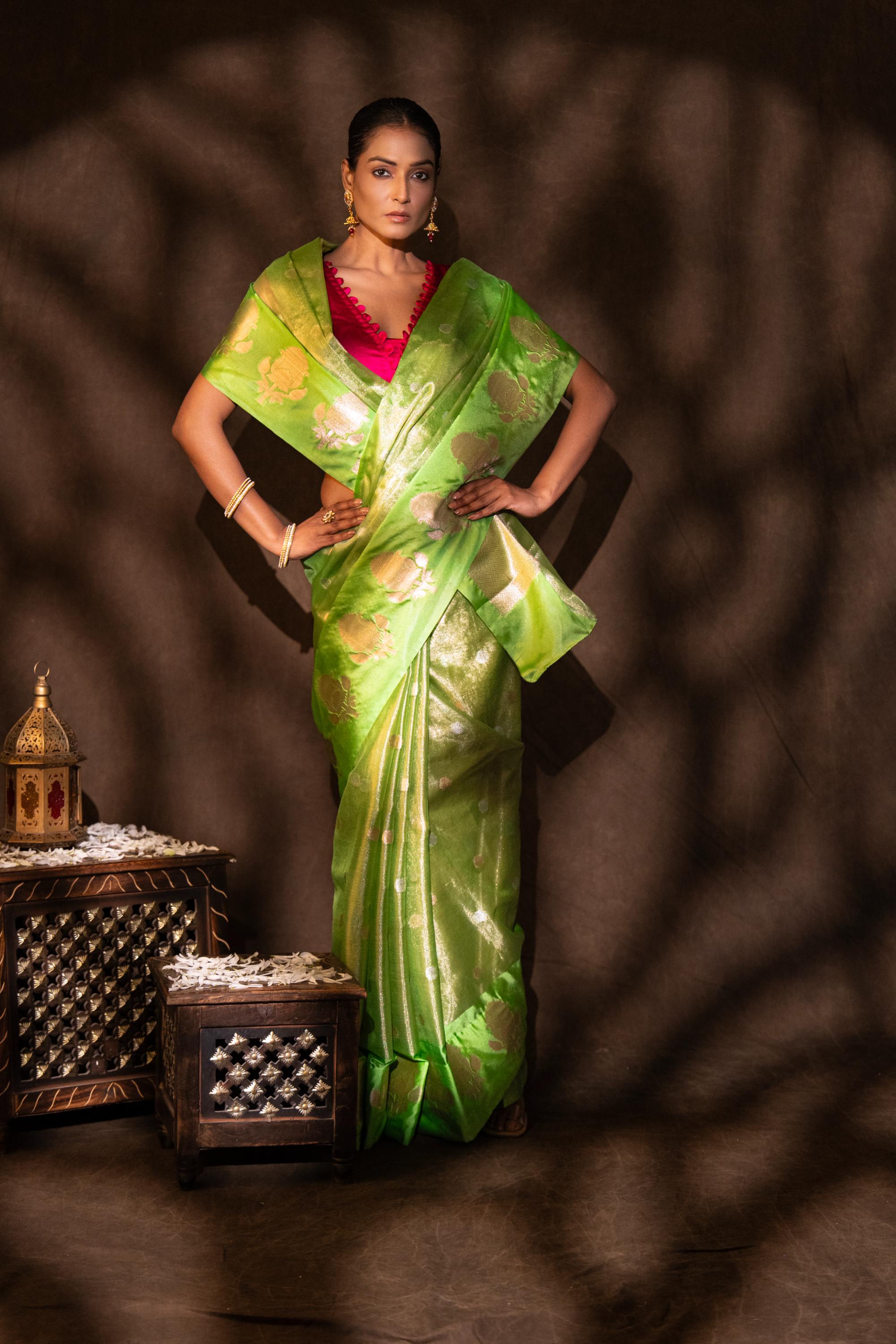 Pista green Tissue Organza Silk banarasi handloom Saree