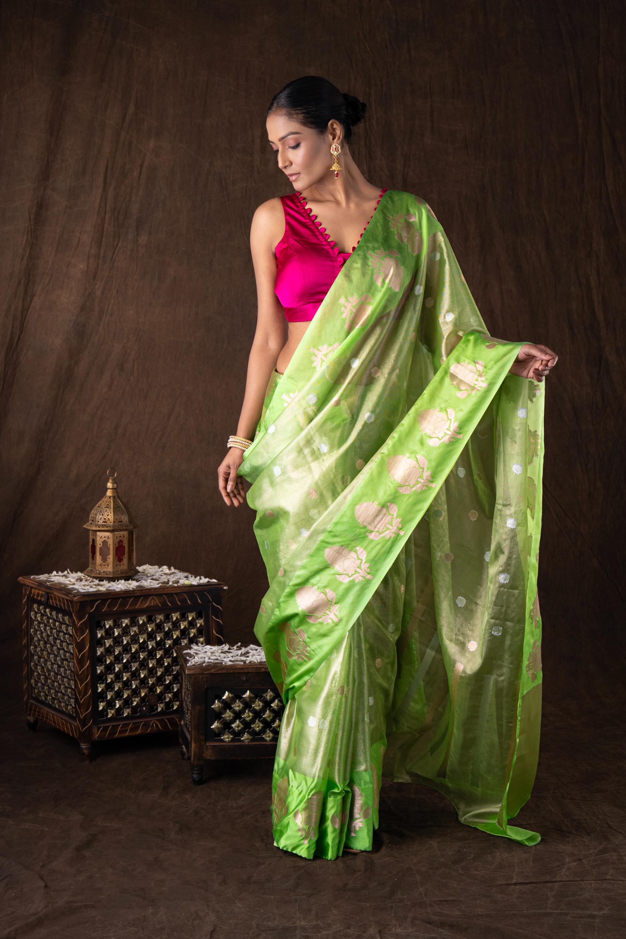 Pista green Tissue Organza Silk banarasi handloom Saree