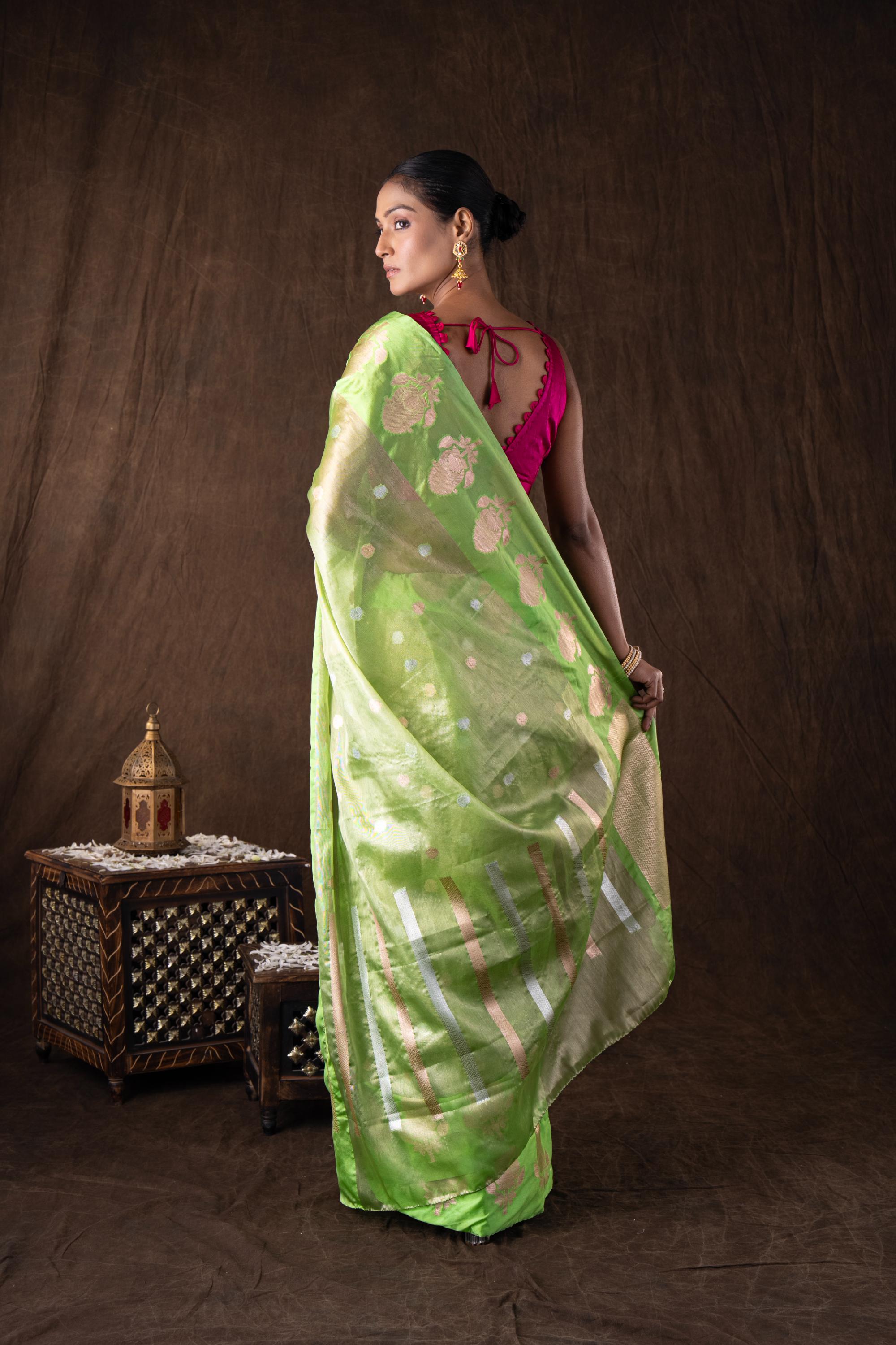 Pista green Tissue Organza Silk banarasi handloom Saree