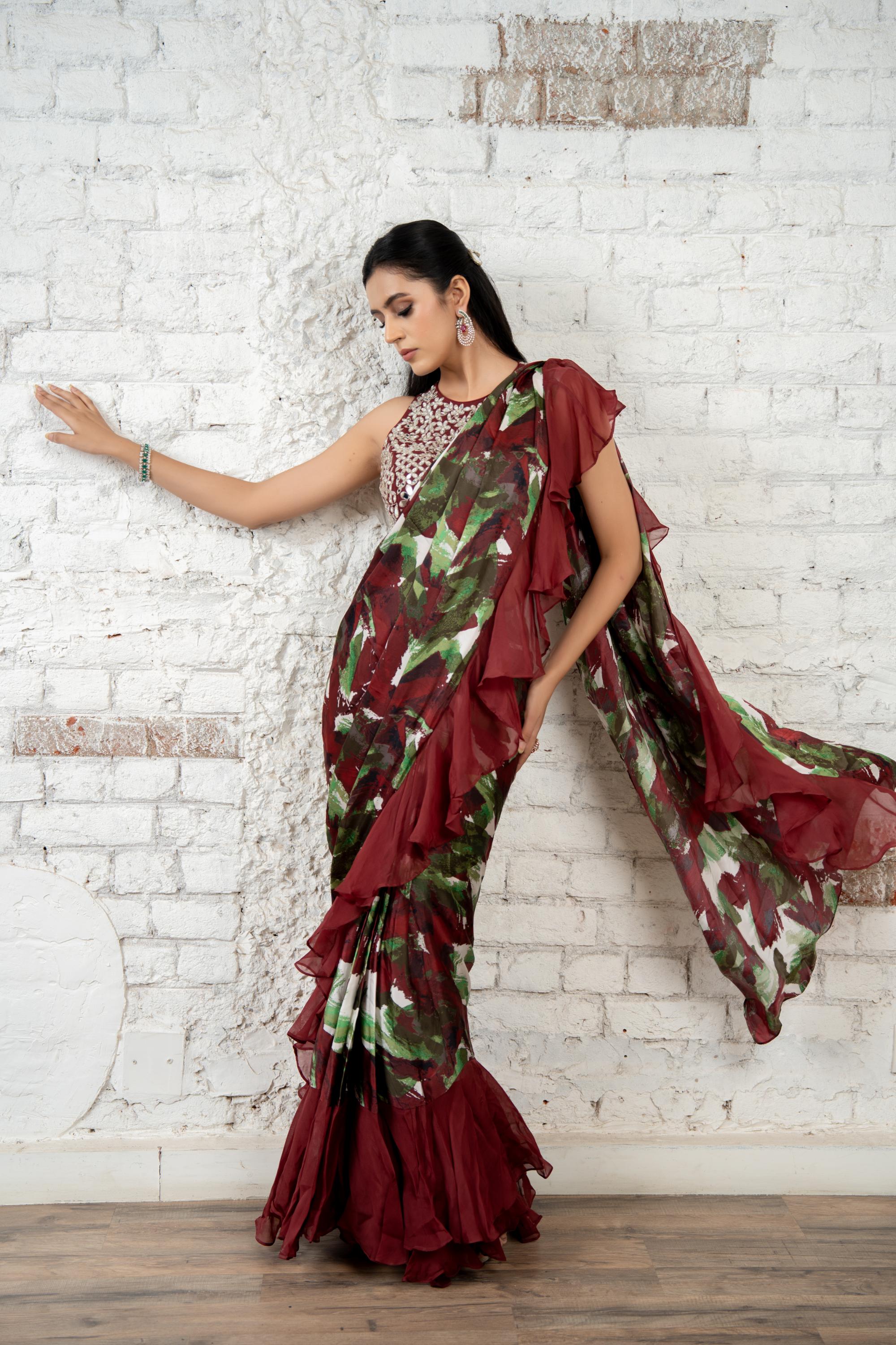Burgundy Ruffle Saree