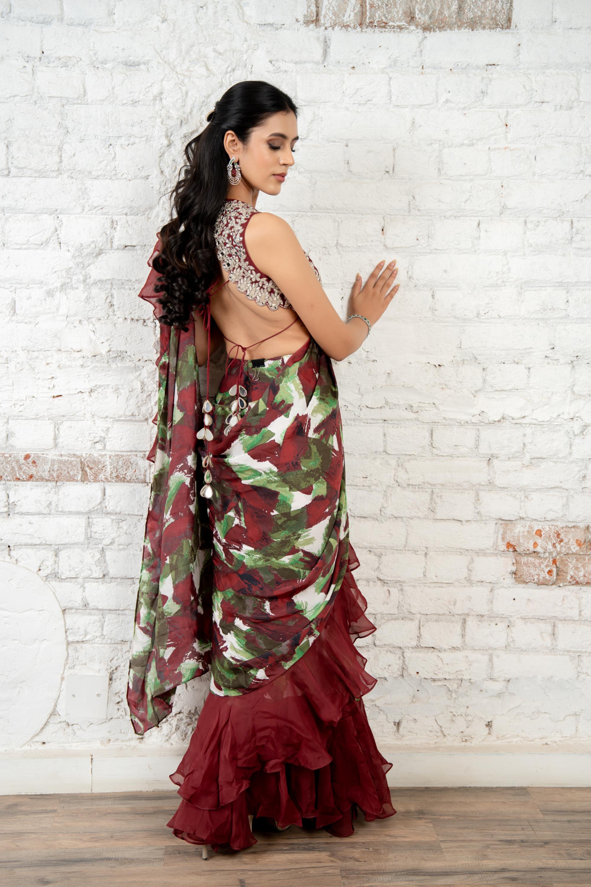 Burgundy Ruffle Saree