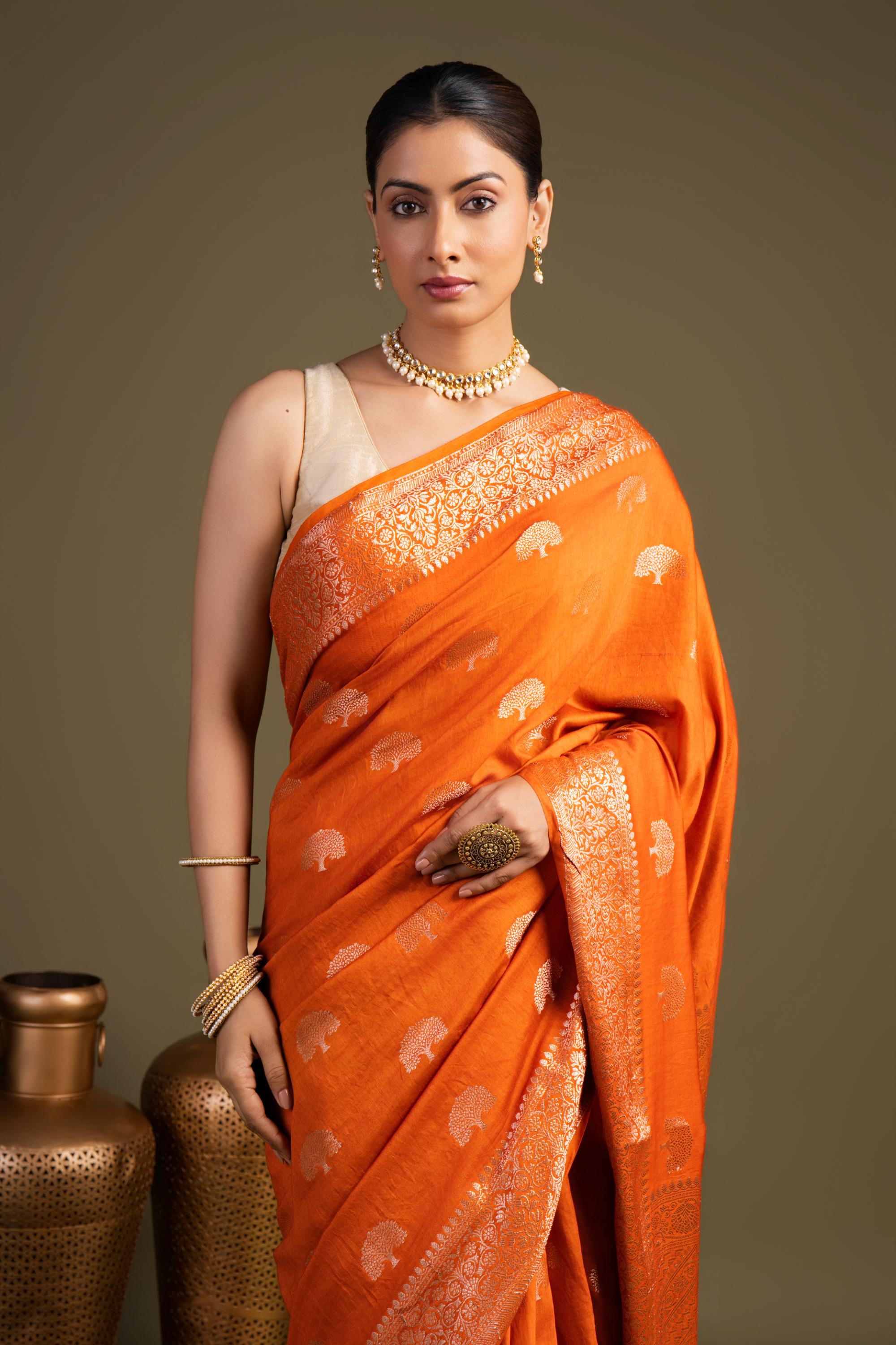 Orange Pure Monga silk Banarasi Handloom Saree