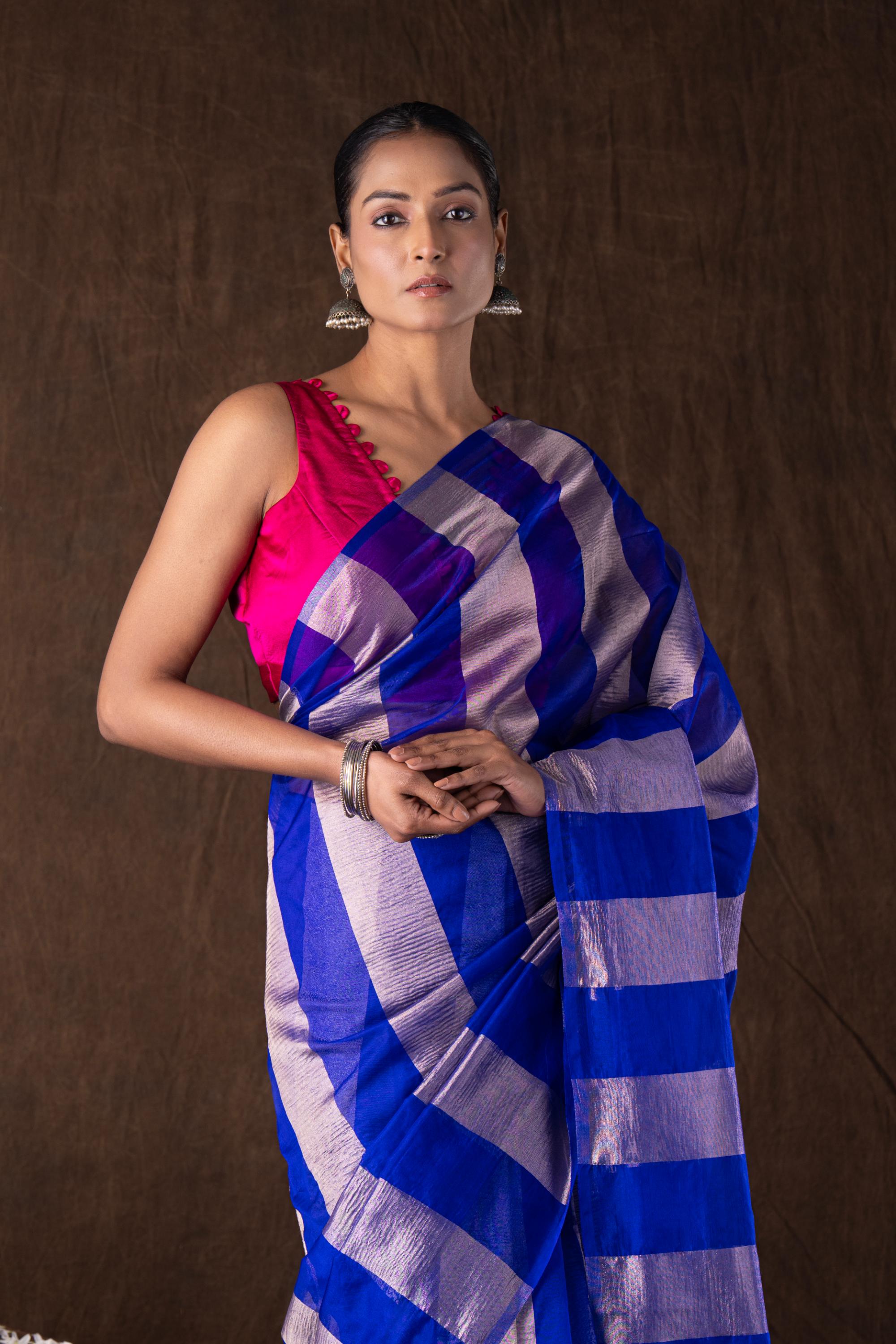 Blue Zari Stripe Moonga Tissue Silk Banarasi Handloom saree