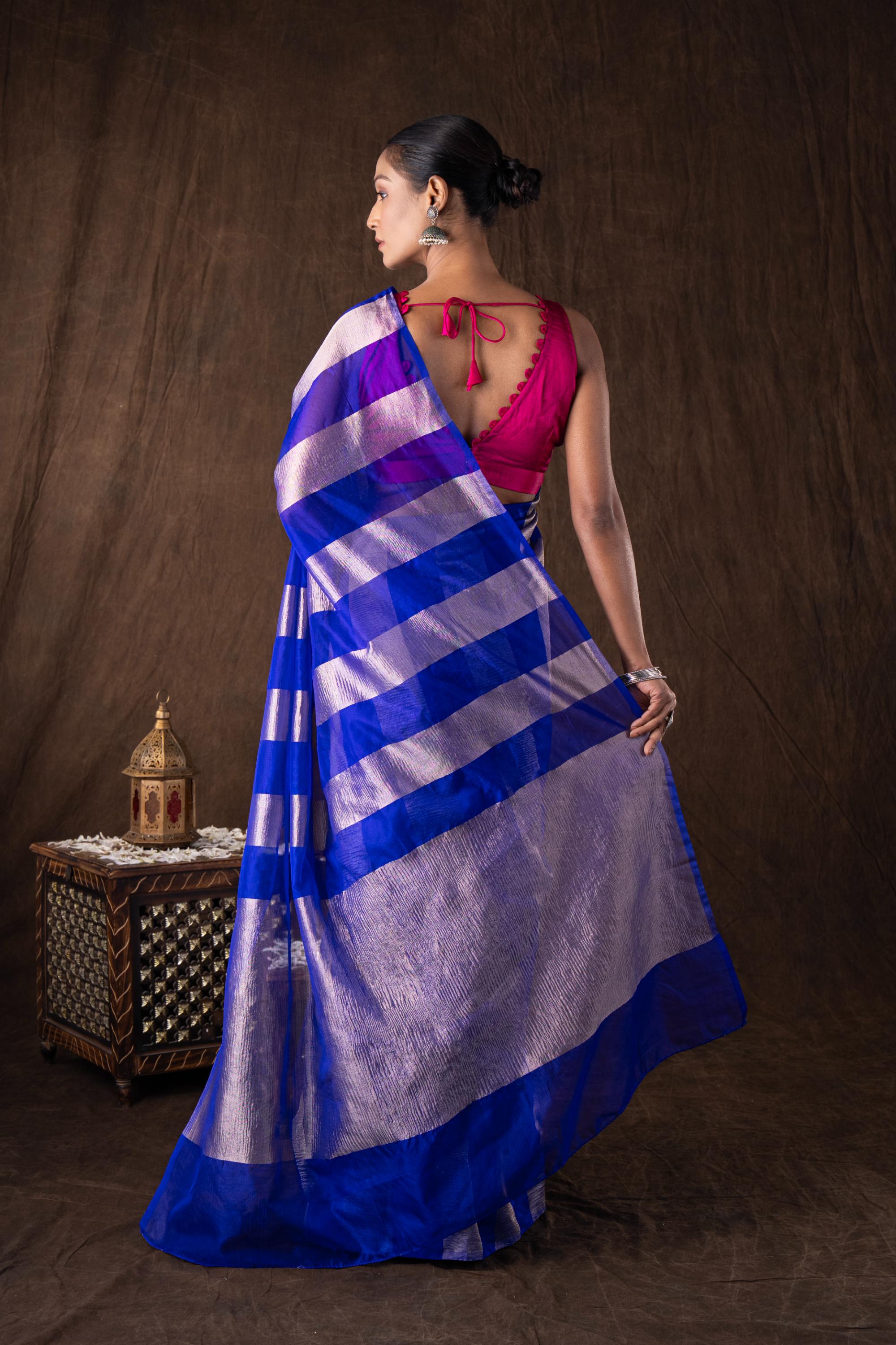 Blue Zari Stripe Moonga Tissue Silk Banarasi Handloom saree