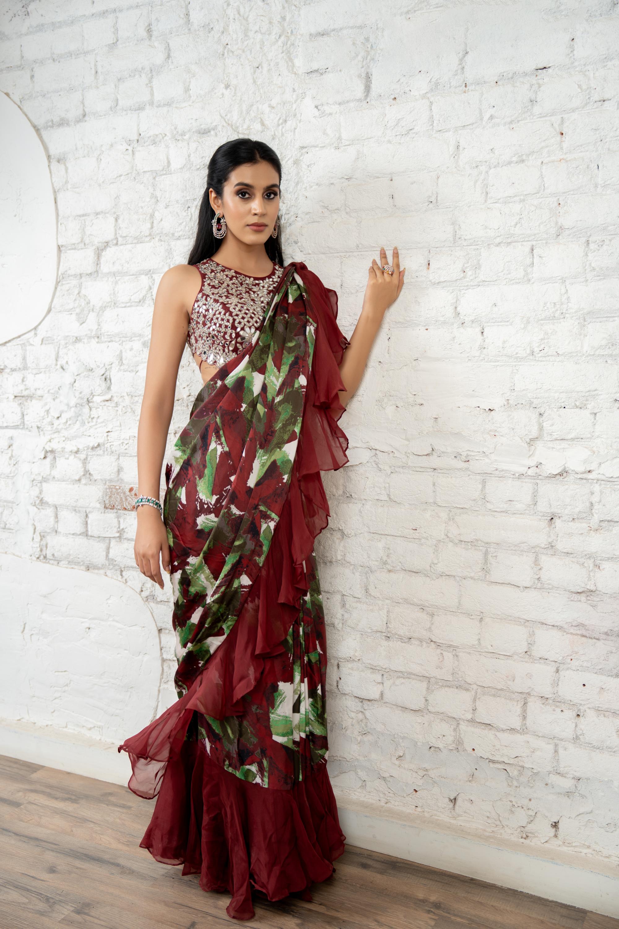 Burgundy Ruffle Saree
