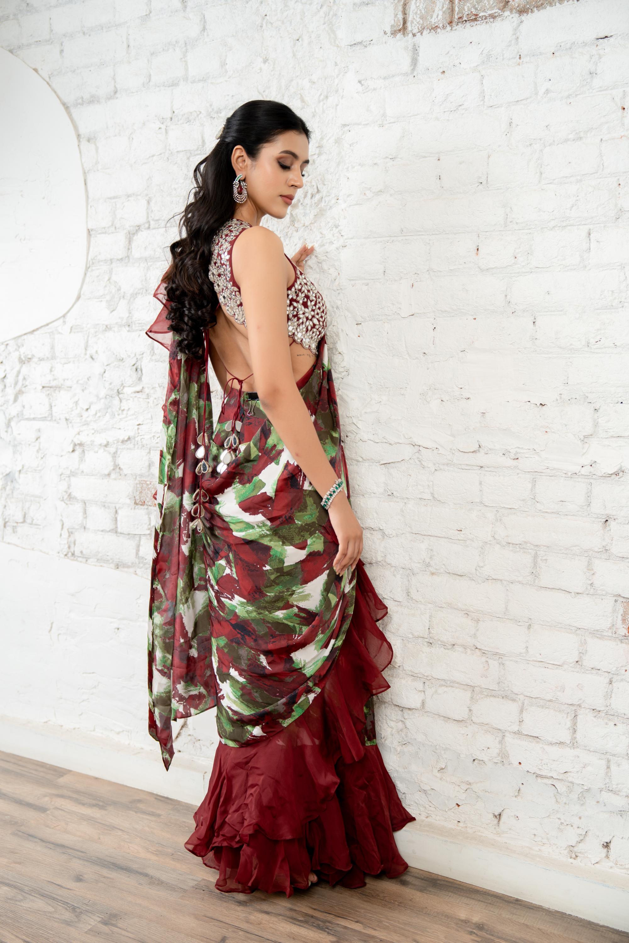 Burgundy Ruffle Saree