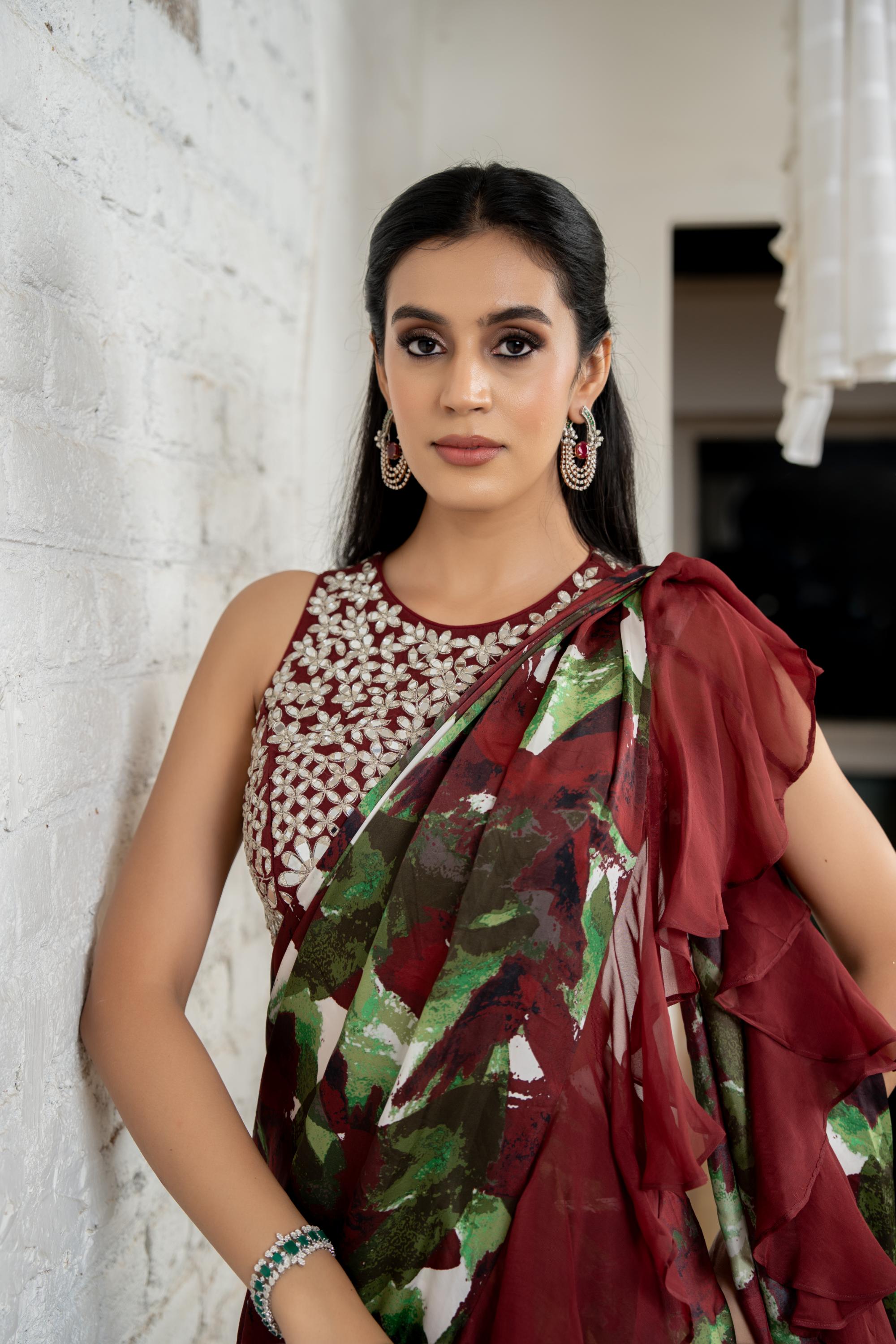 Burgundy Ruffle Saree