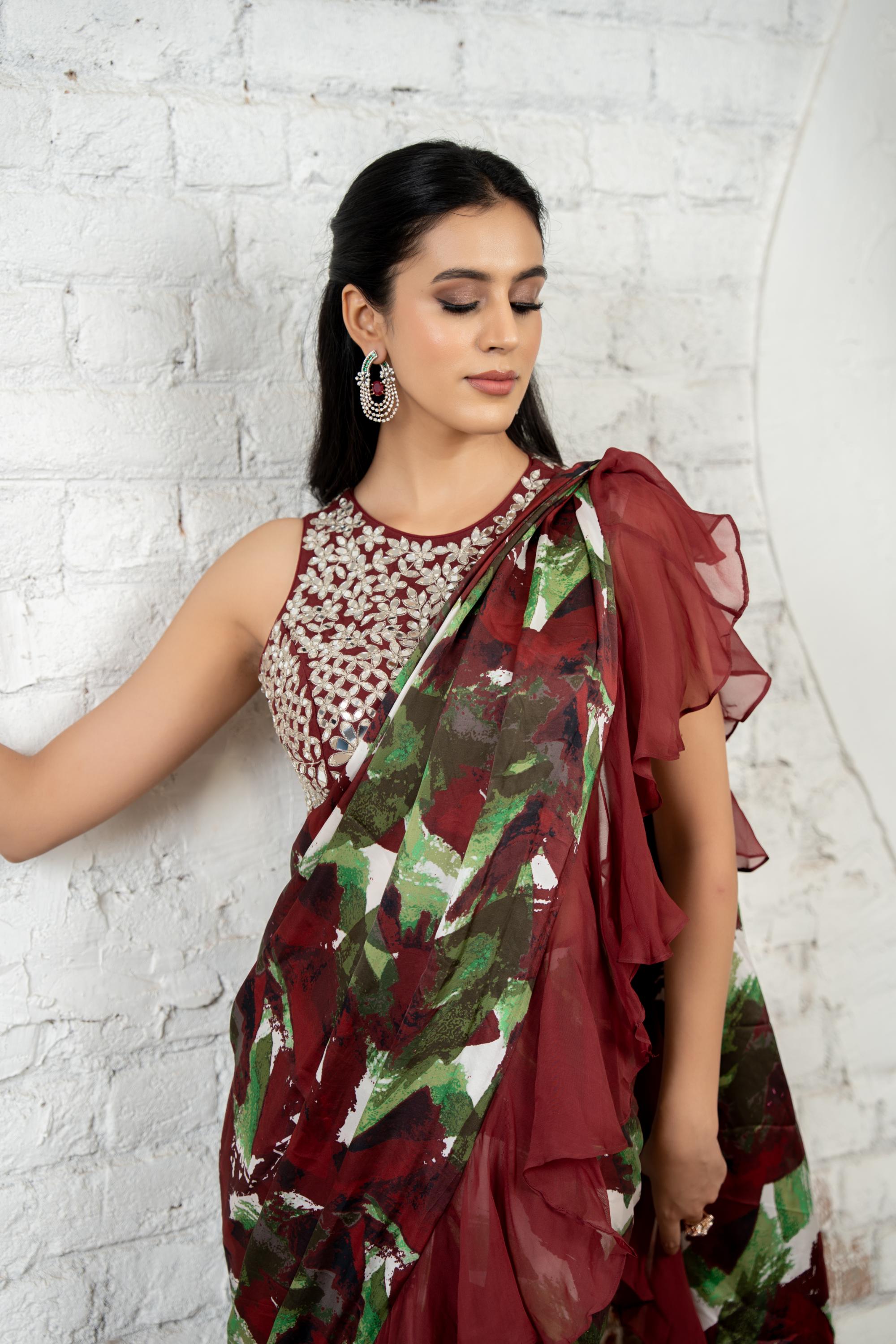 Burgundy Ruffle Saree