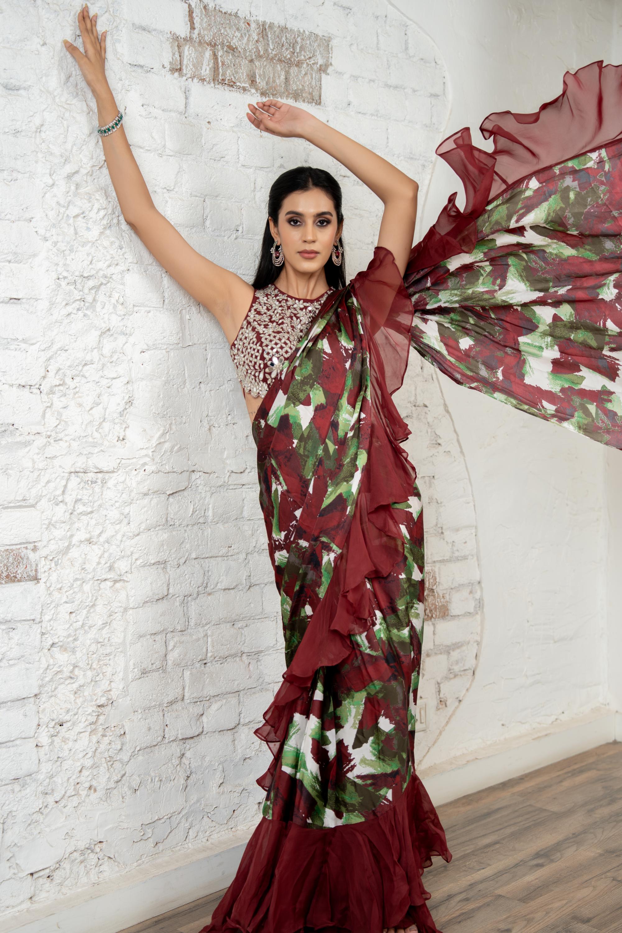 Burgundy Ruffle Saree
