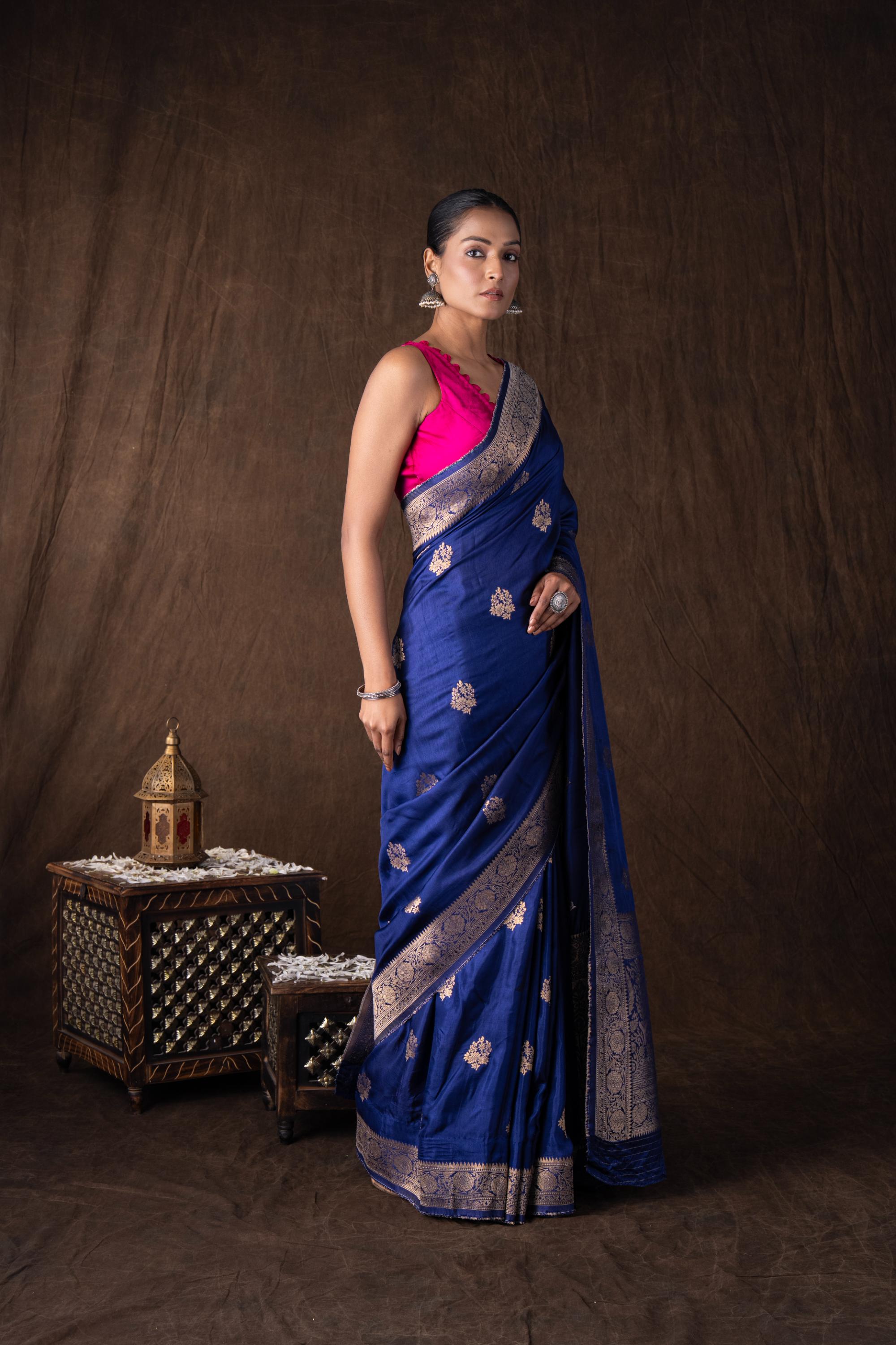 Dark Blue Pure Katan Silk Banarasi Handloom Saree