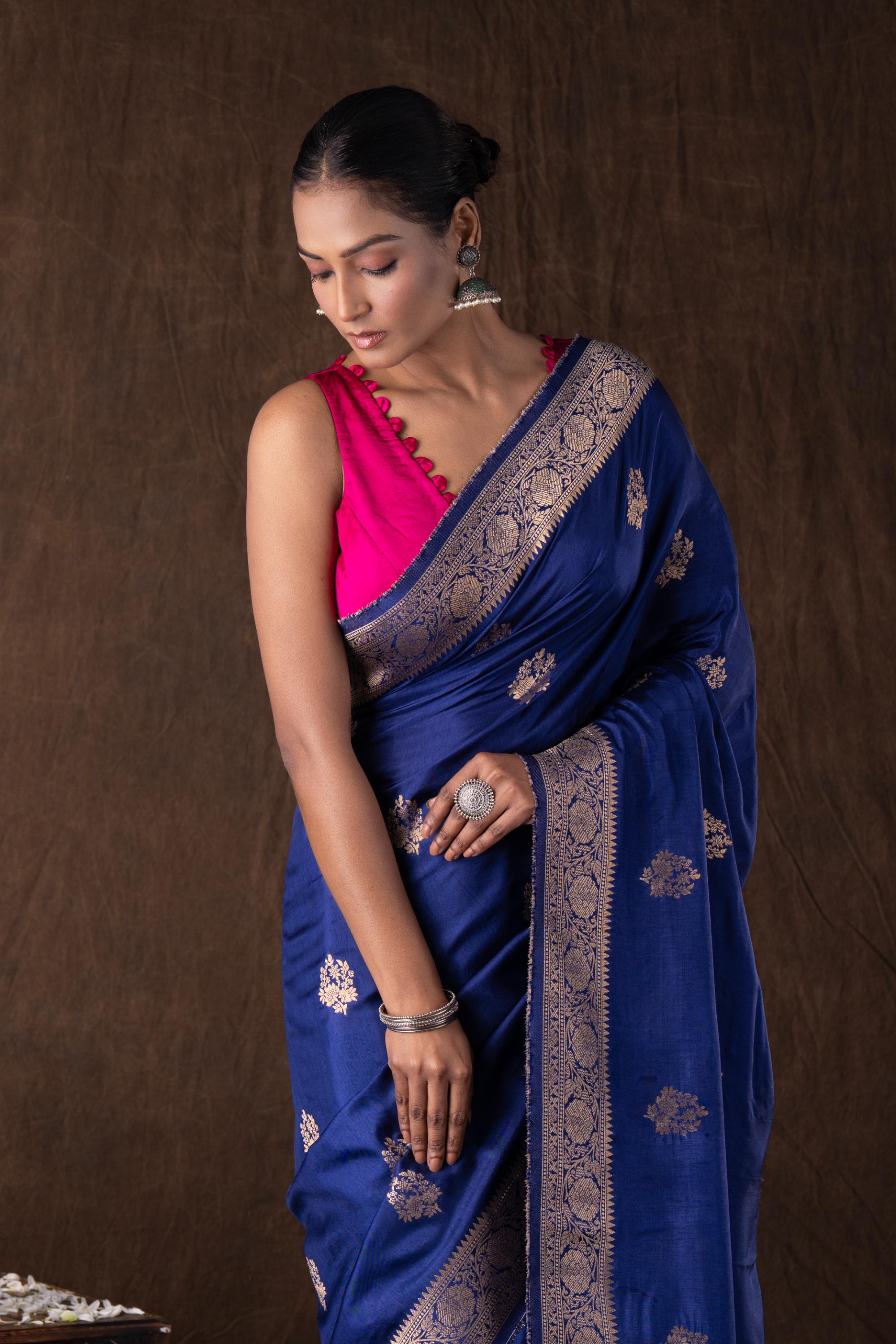 Dark Blue Pure Katan Silk Banarasi Handloom Saree