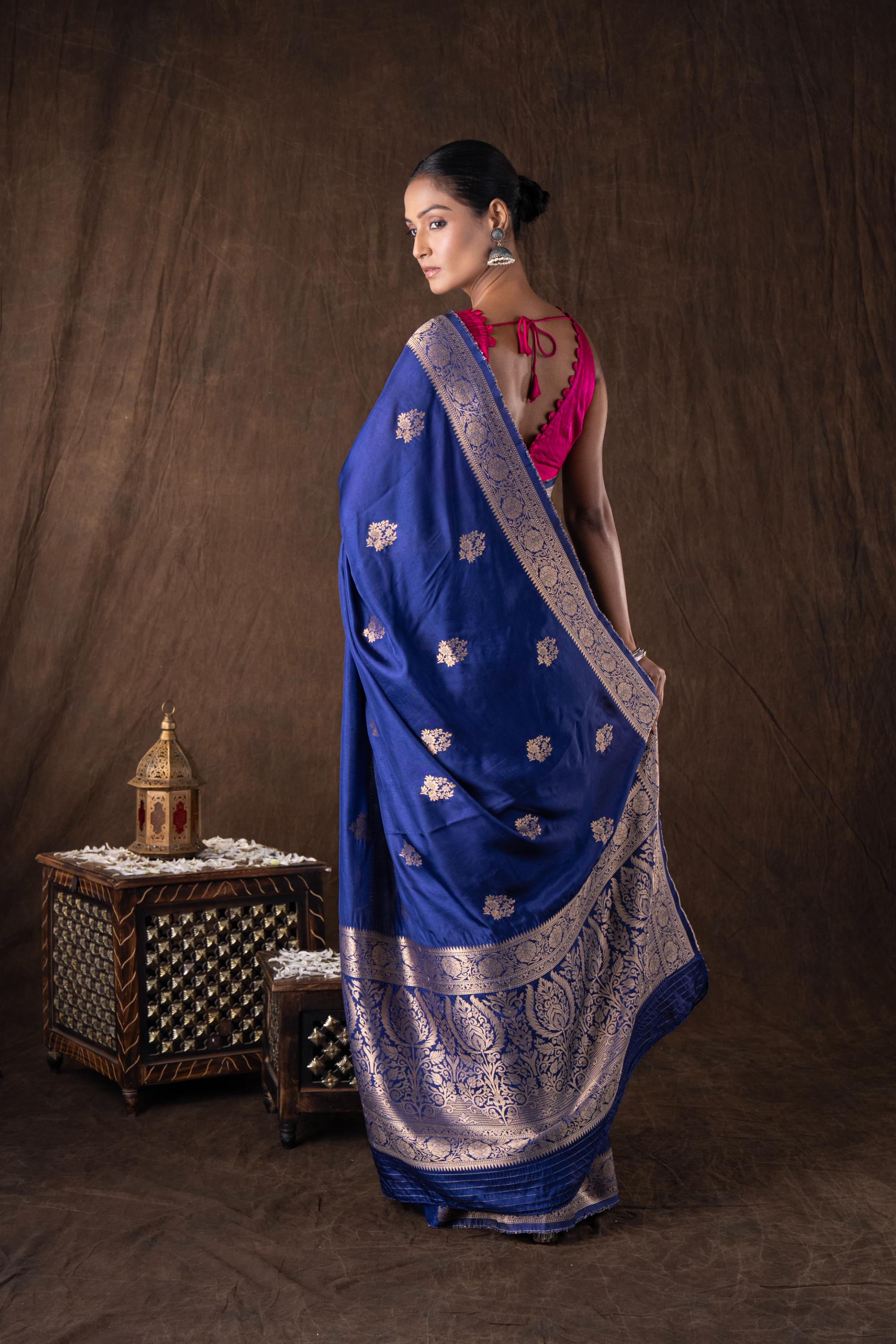 Dark Blue Pure Katan Silk Banarasi Handloom Saree