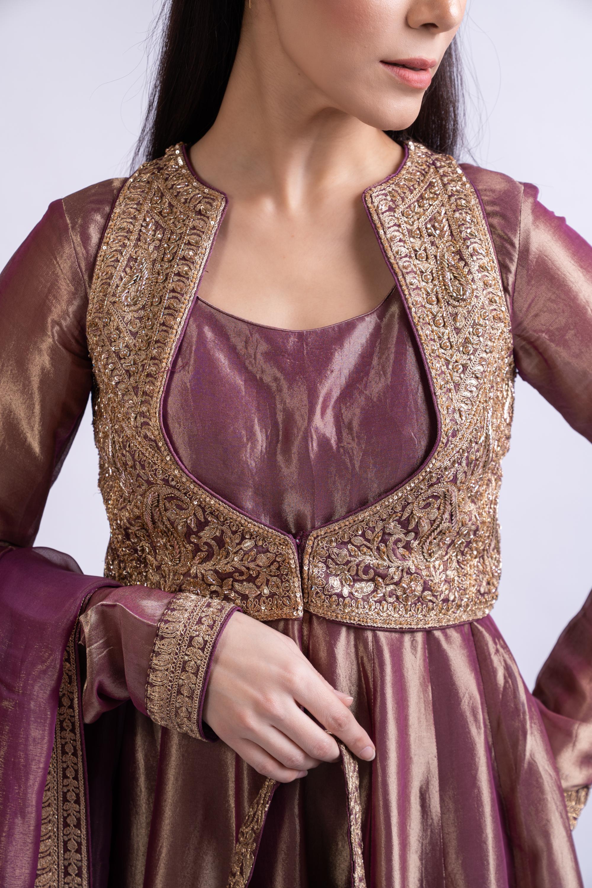 Royal Purple Tissue Silk Anarkali with Embroidered Jacket, Dupatta & Potli