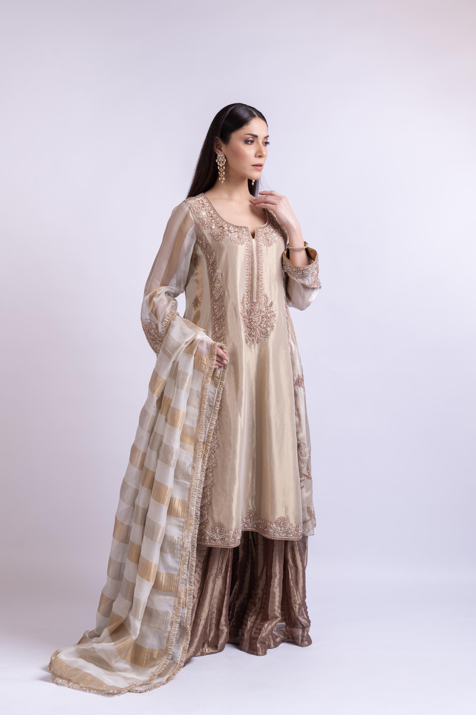 Golden Brown Embroidered Tissue Silk Sharara Set