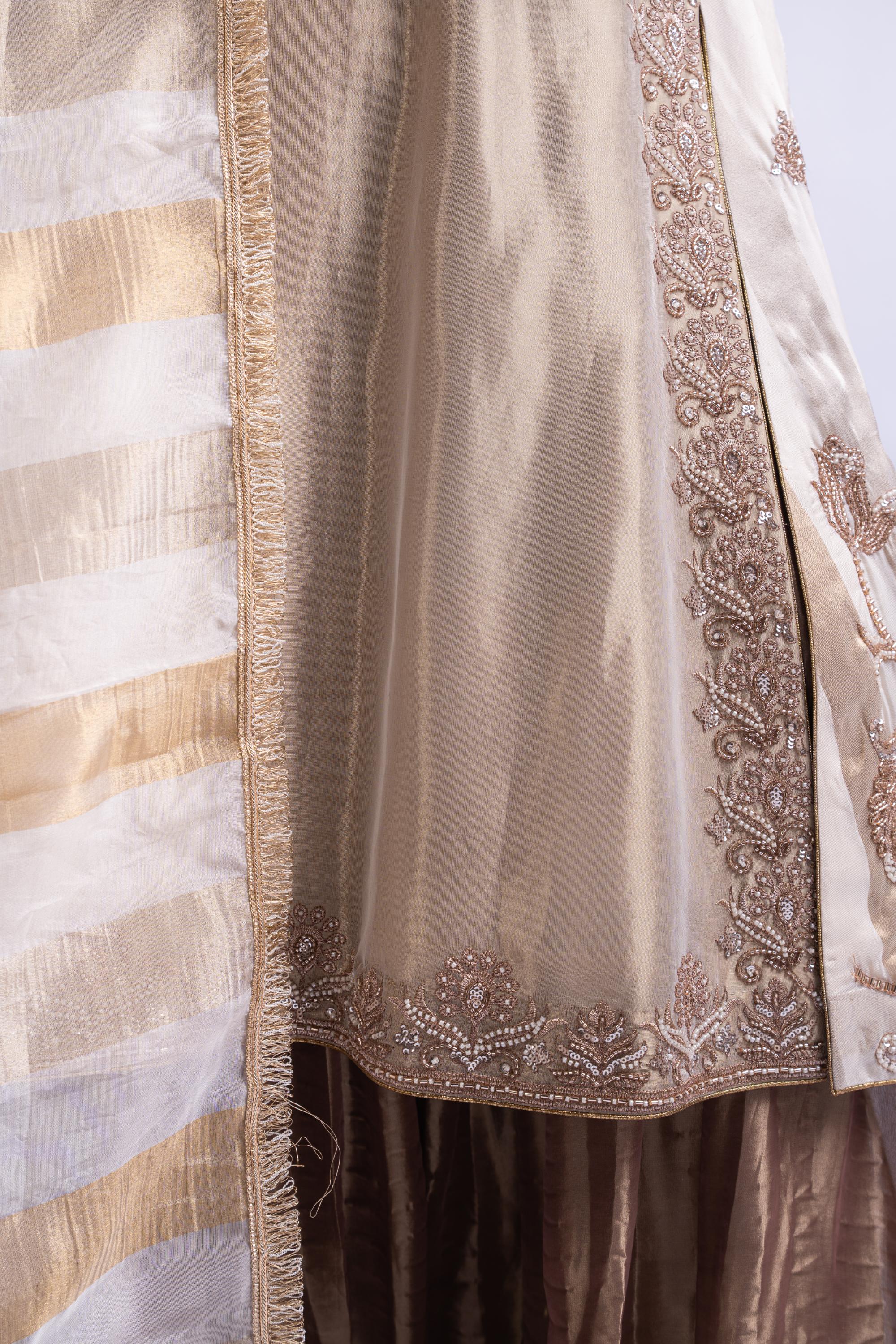 Golden Brown Embroidered Tissue Silk Sharara Set