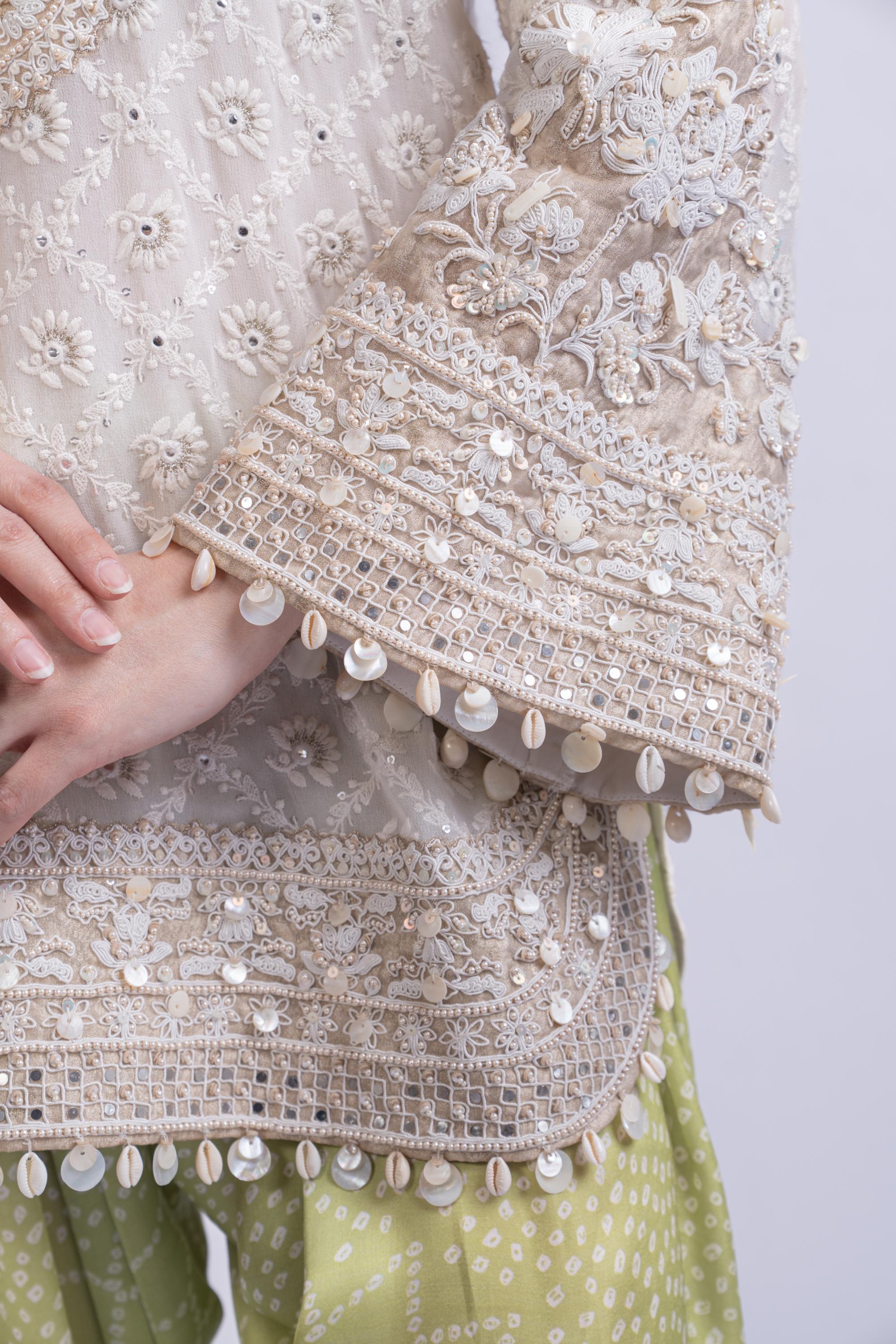 Ivory Chikankari Kurta Set Paired with Bandhani Salwar & Dupatta