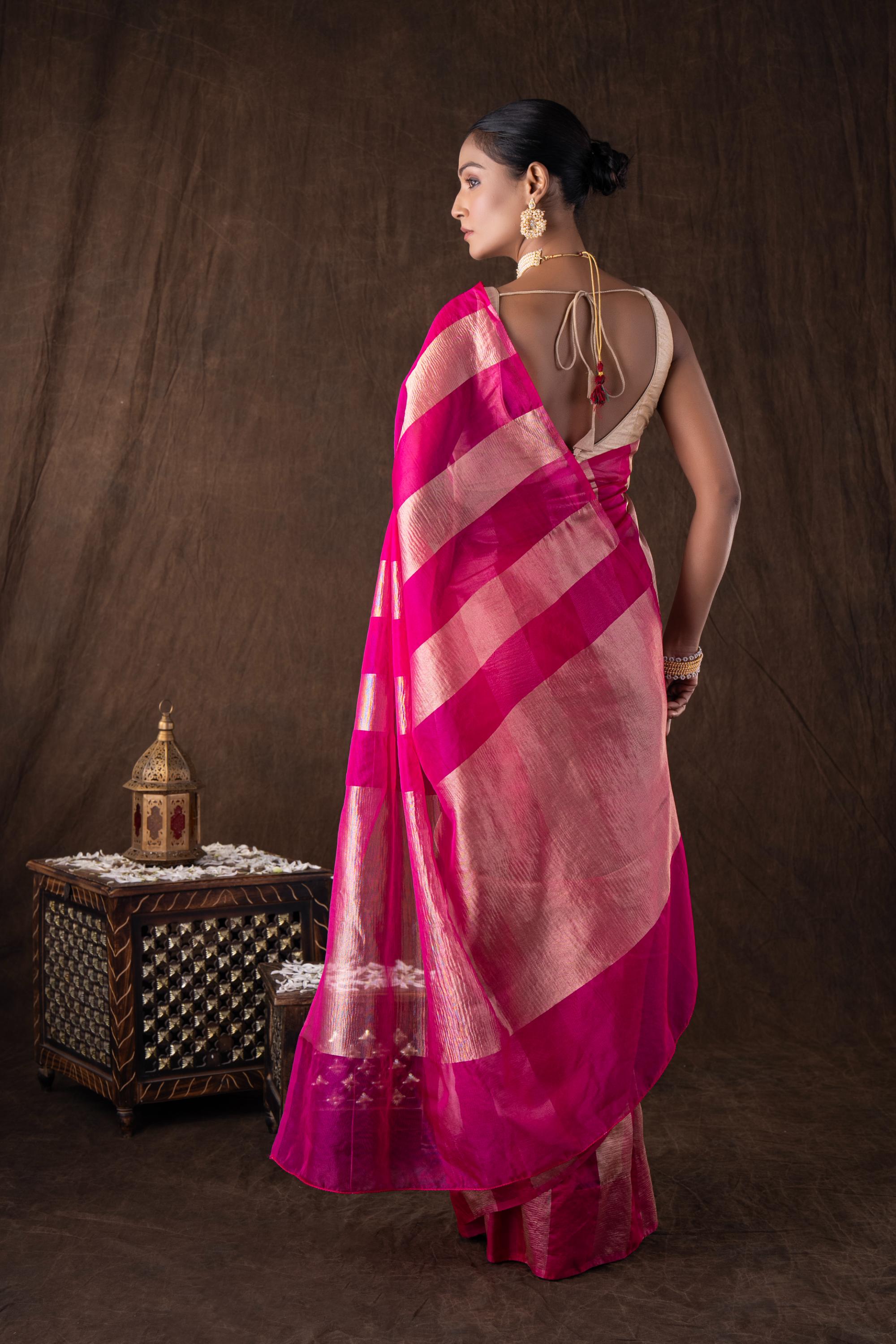 Pink Zari Stripe Moonga Tissue Silk Banarasi Handloom saree