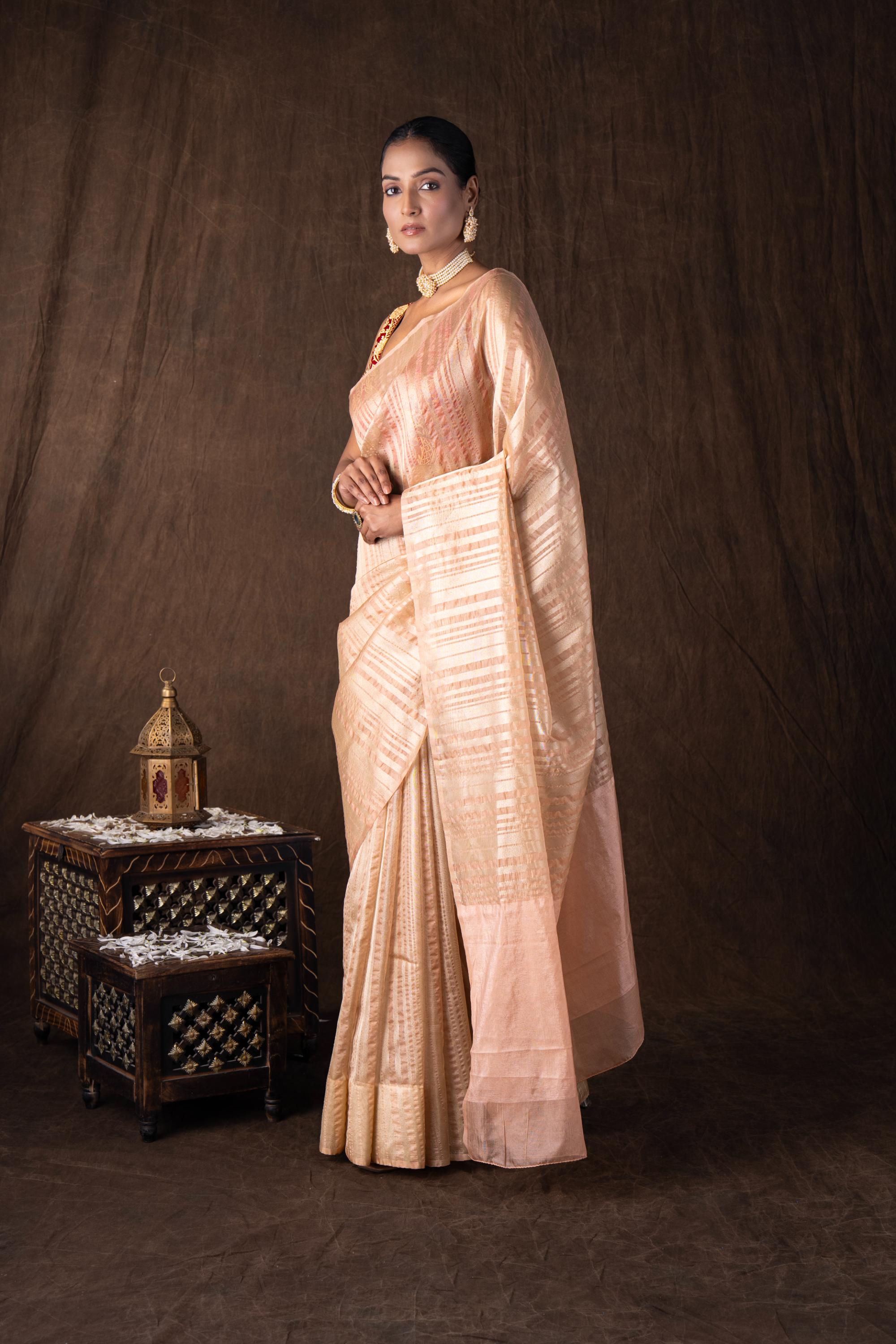 Peach Copper Lining Tissue silk Banarasi handloom Saree