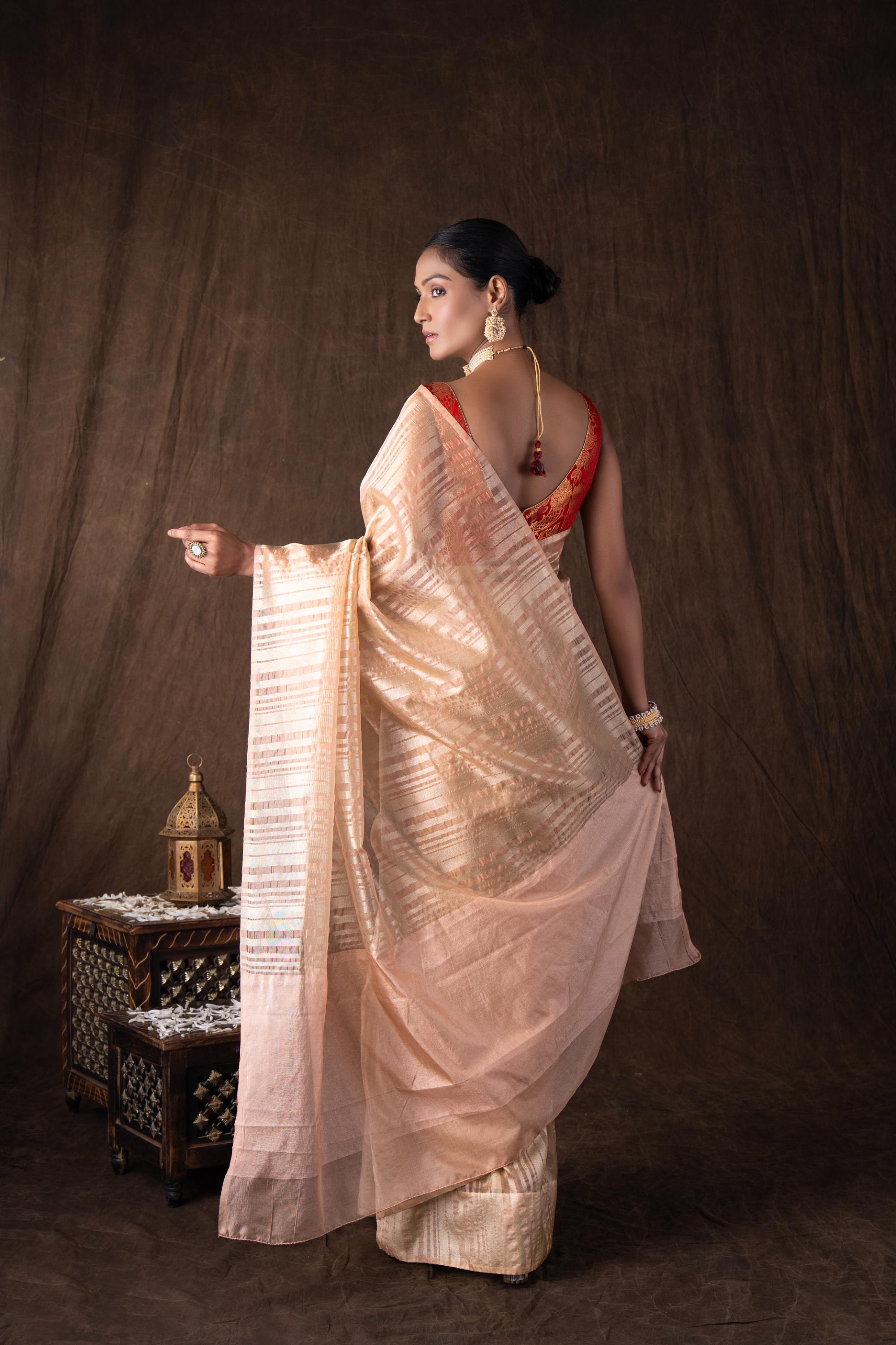 Peach Copper Lining Tissue silk Banarasi handloom Saree