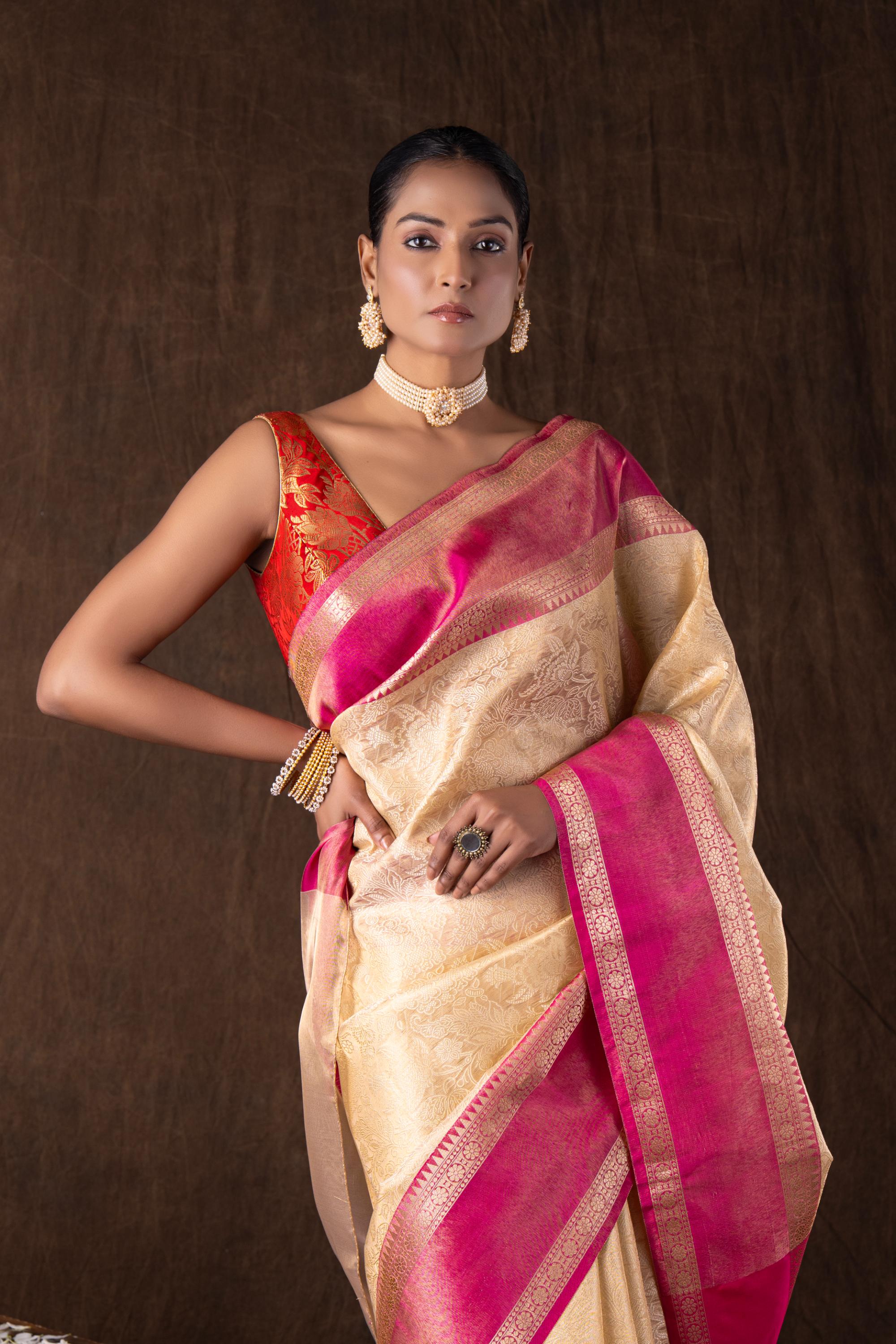 Cream Pink Pure Silk brocade banarasi handloom Saree