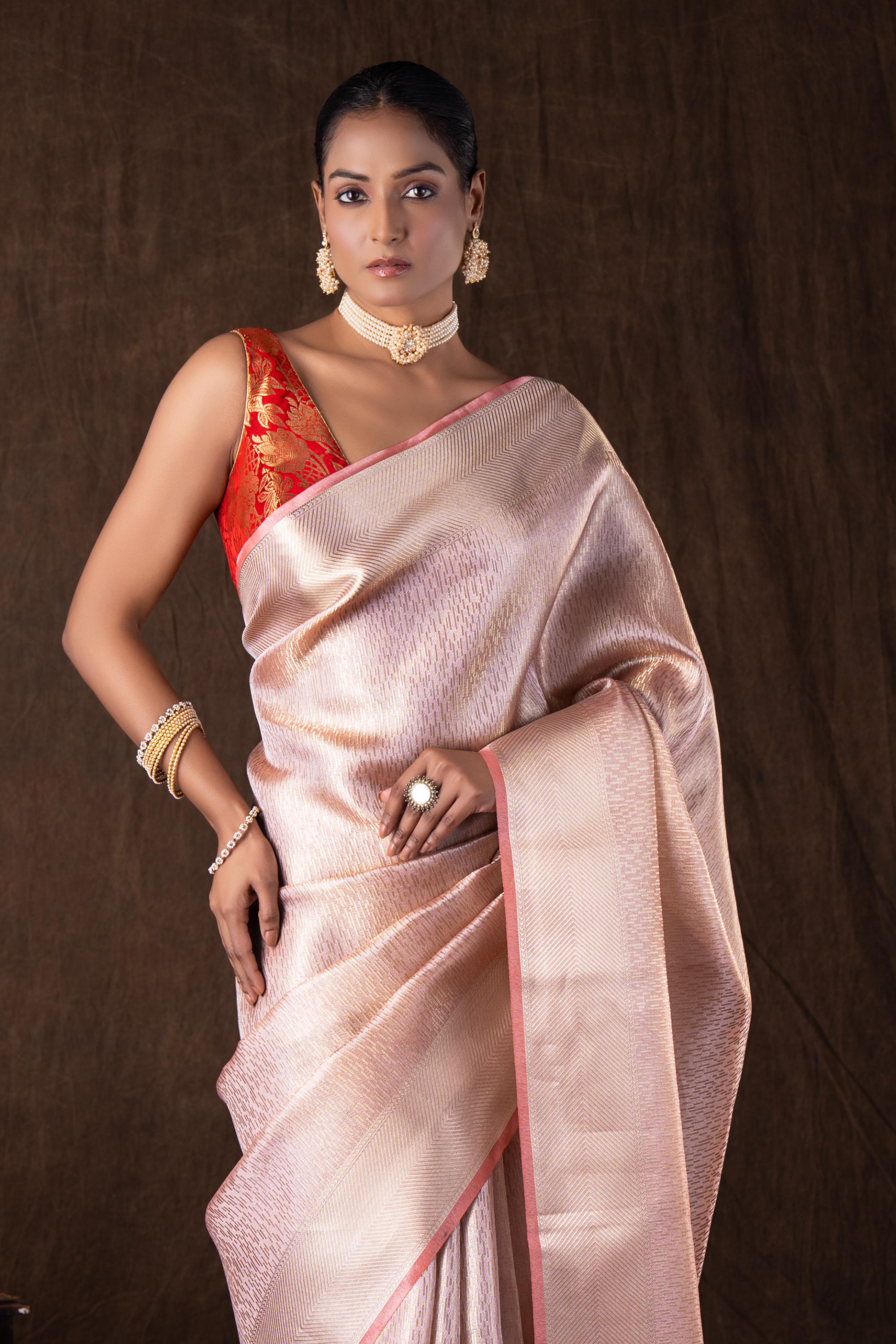 Peach Pure katan Silk Brocade banarsi Handloom Saree