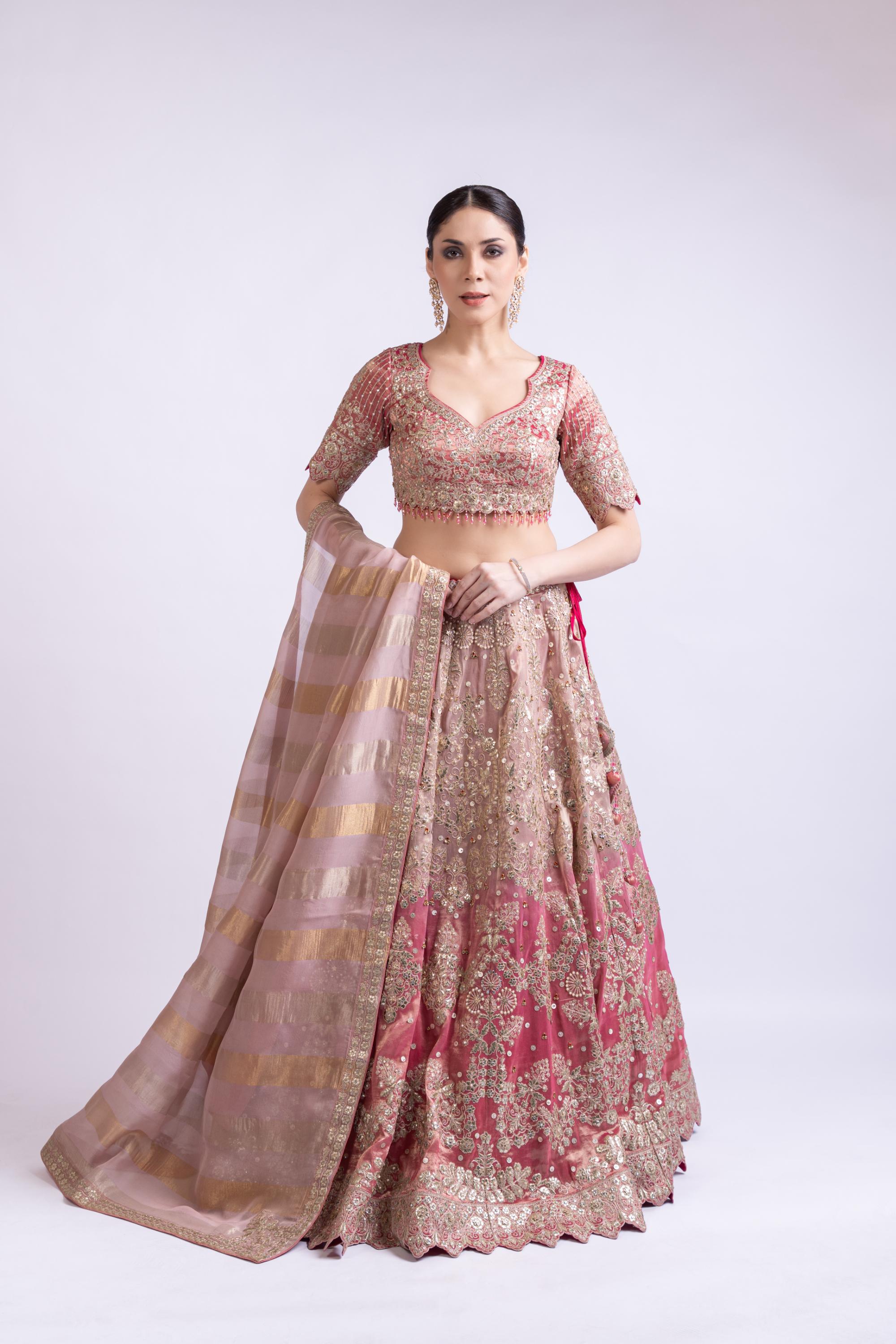 Rani Pink Luxe Tissue Silk Embroidered Lehenga Set with Dupatta