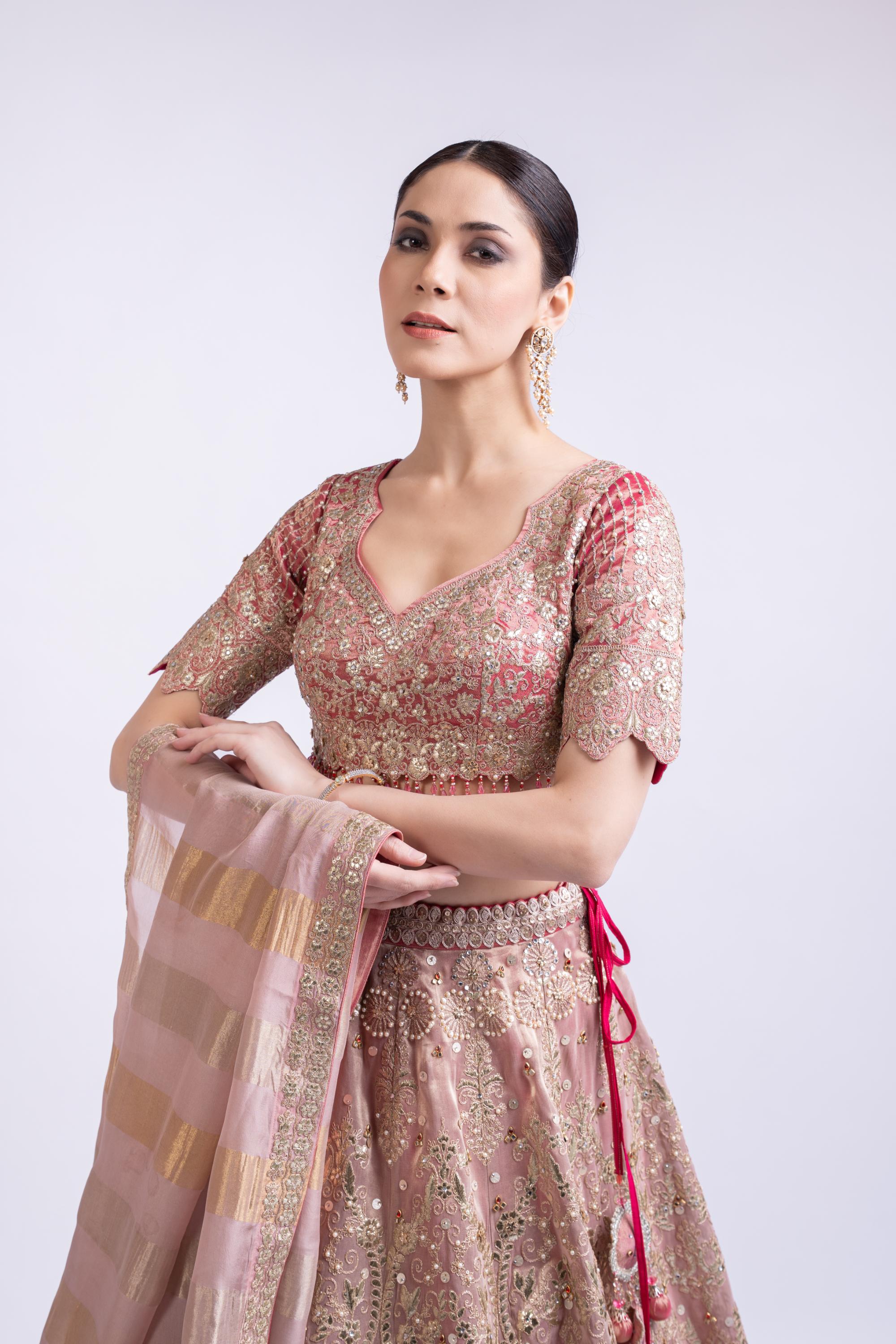 Rani Pink Luxe Tissue Silk Embroidered Lehenga Set with Dupatta