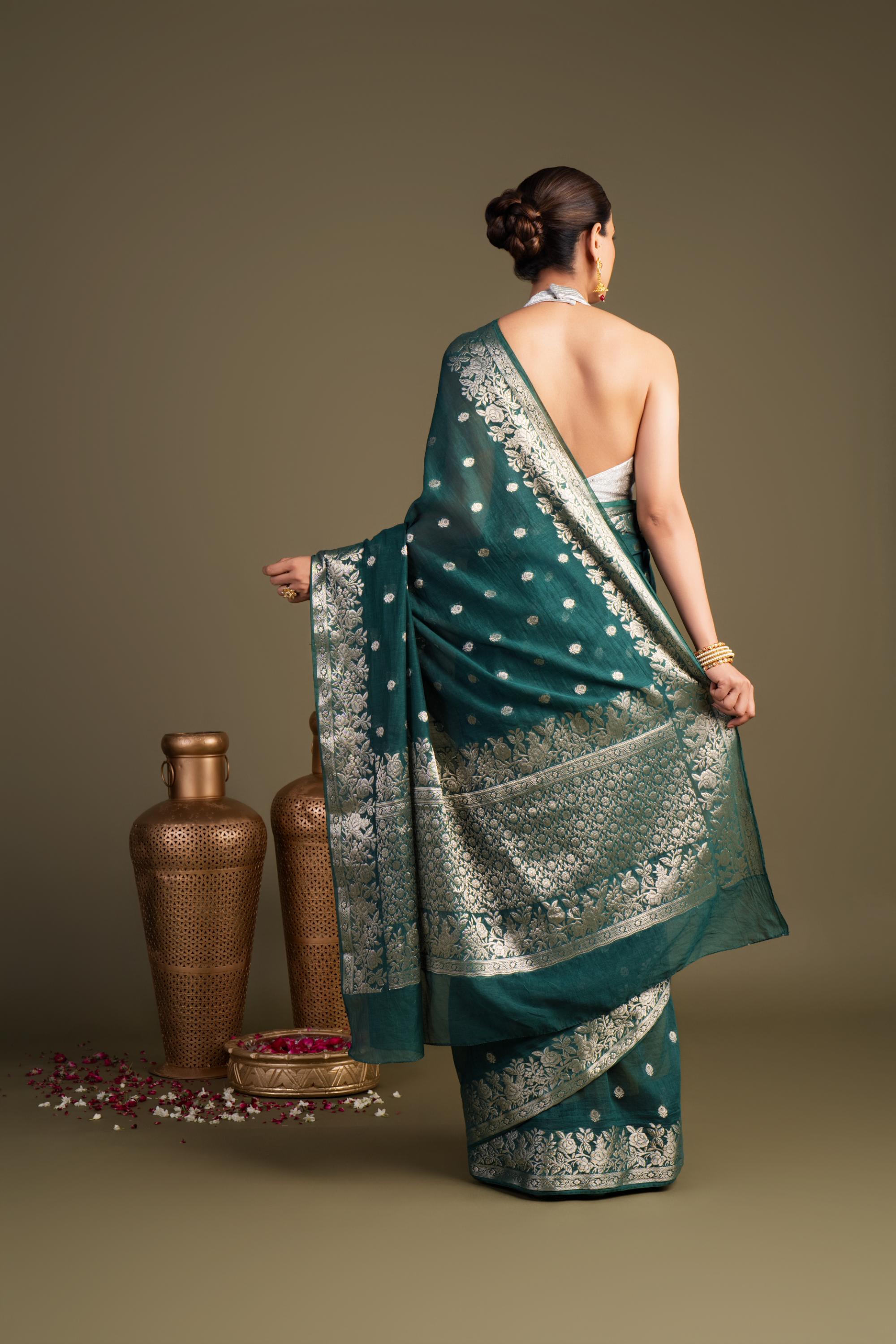 Teal Blue Pure Monga Silk Banarasi Handloom Saree