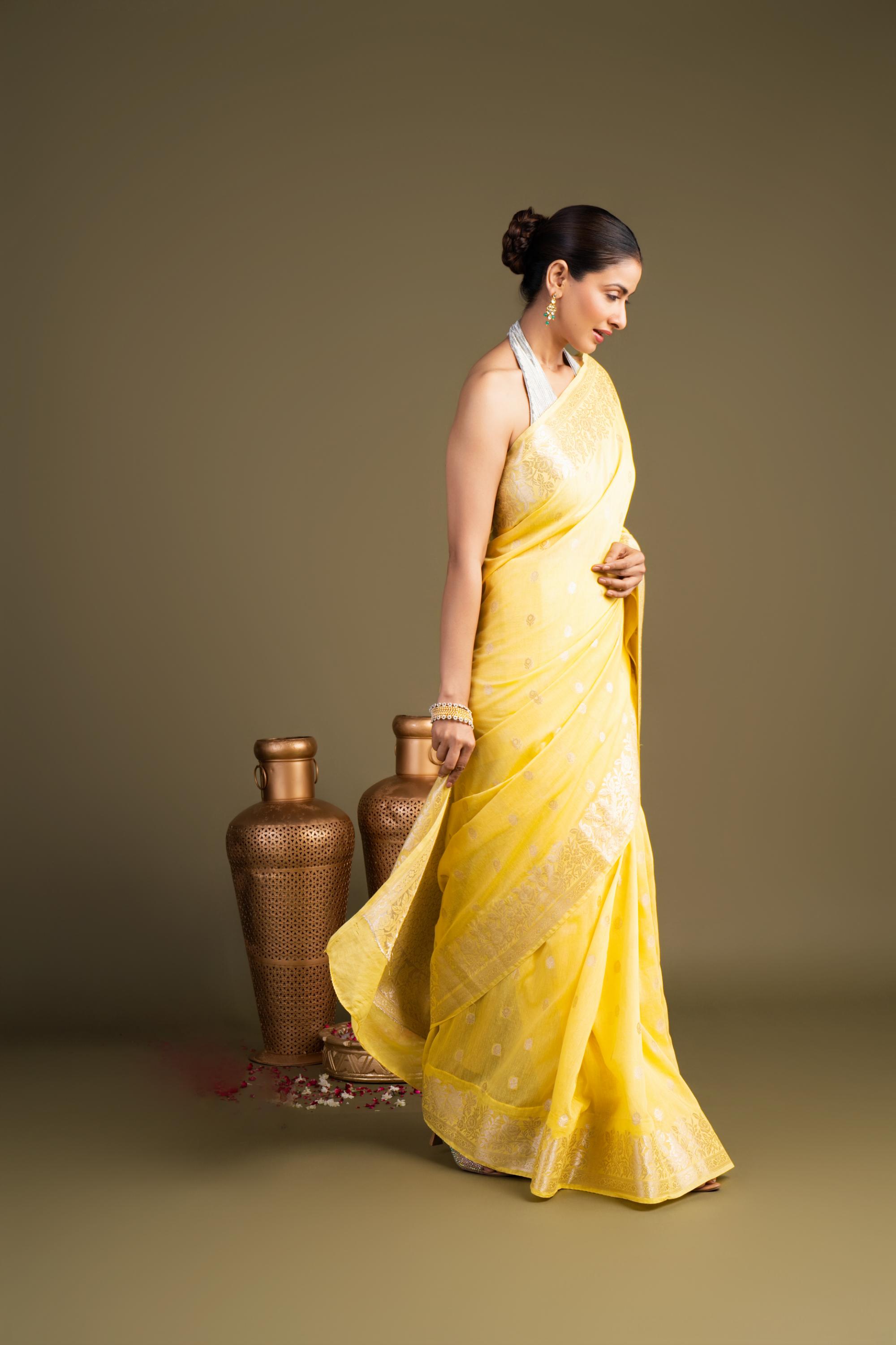 Lemon yellow Pure Monga Silk Banarasi Handloom Saree