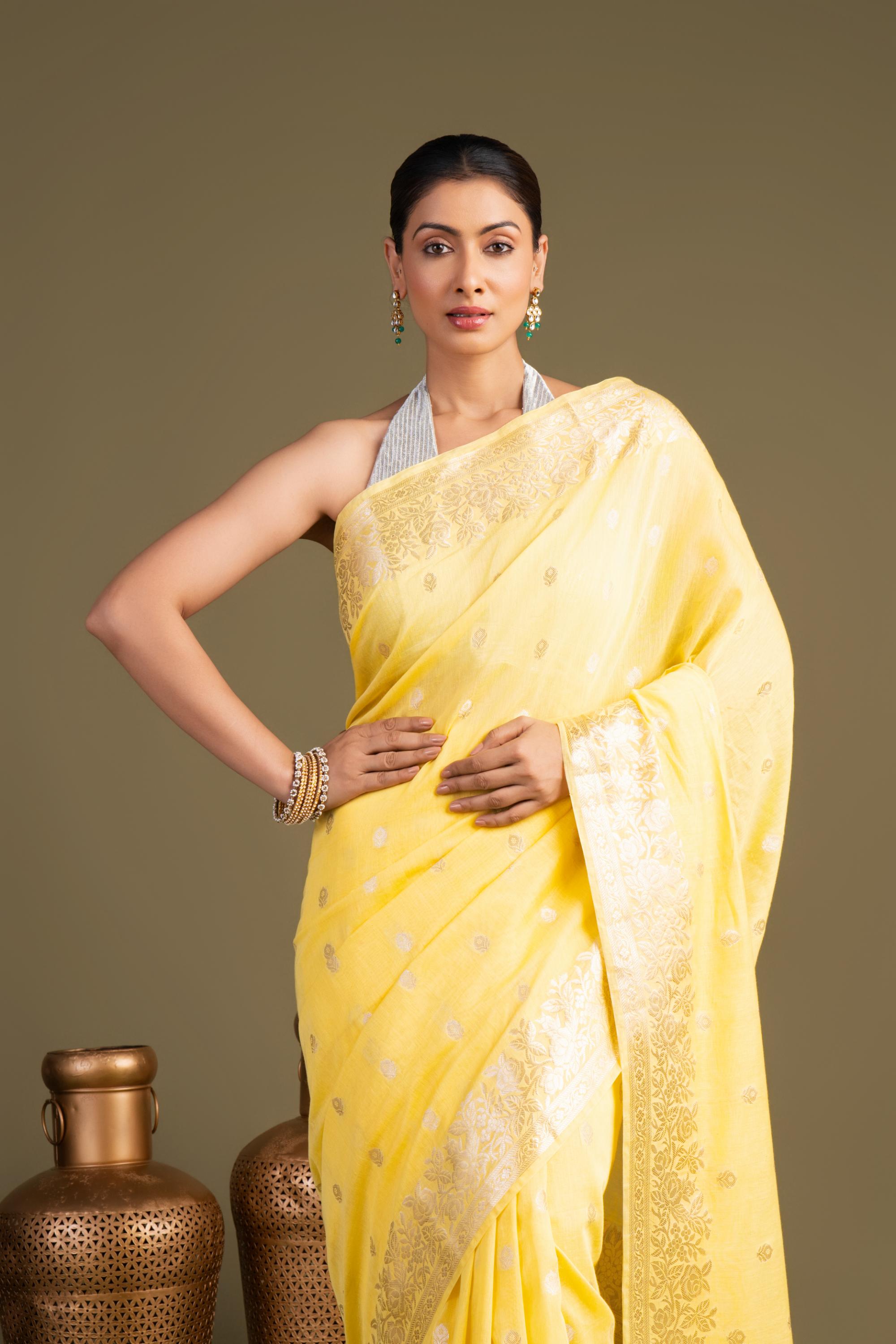 Lemon yellow Pure Monga Silk Banarasi Handloom Saree
