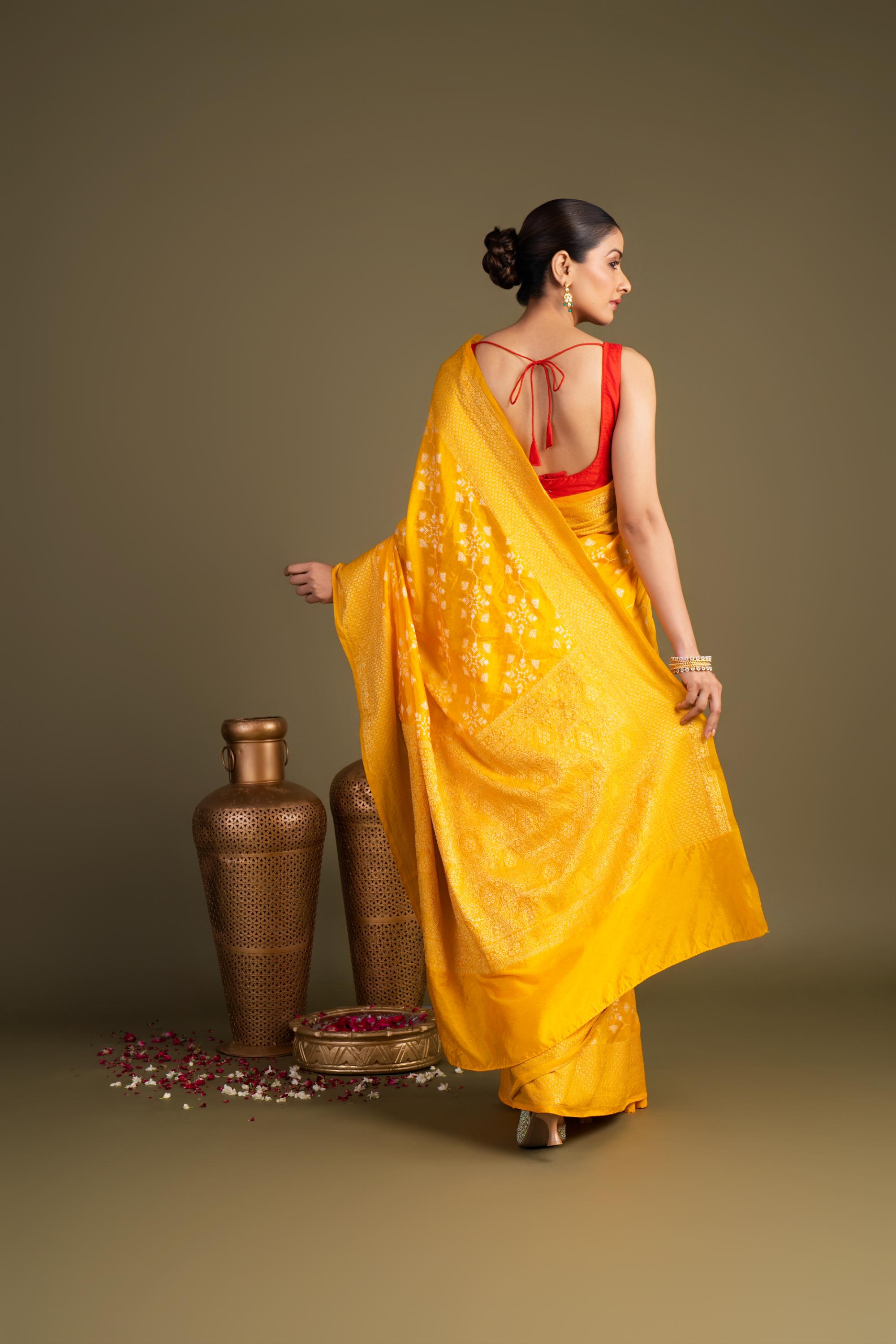 Bright Yellow Pure Silk Banarasi Handloom Saree