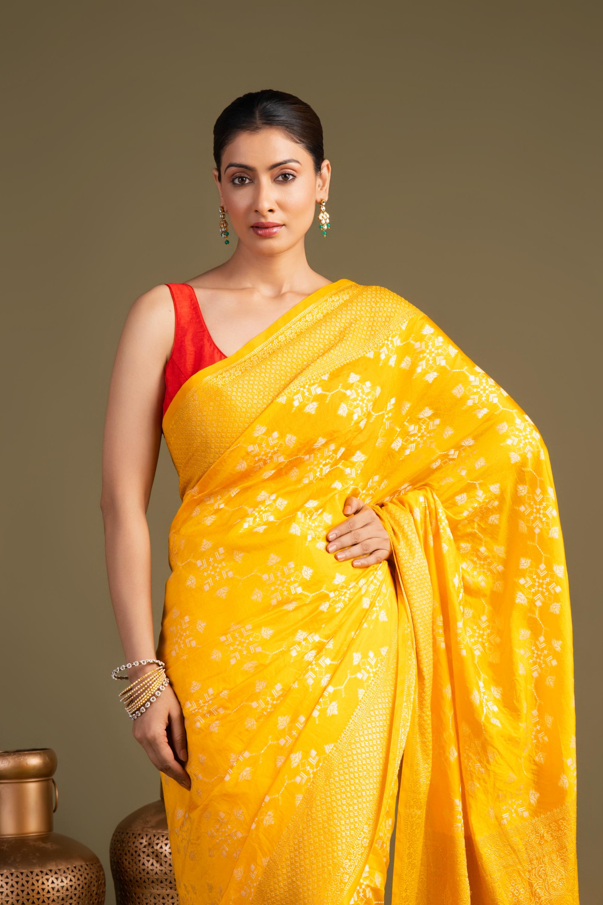 Bright Yellow Pure Silk Banarasi Handloom Saree