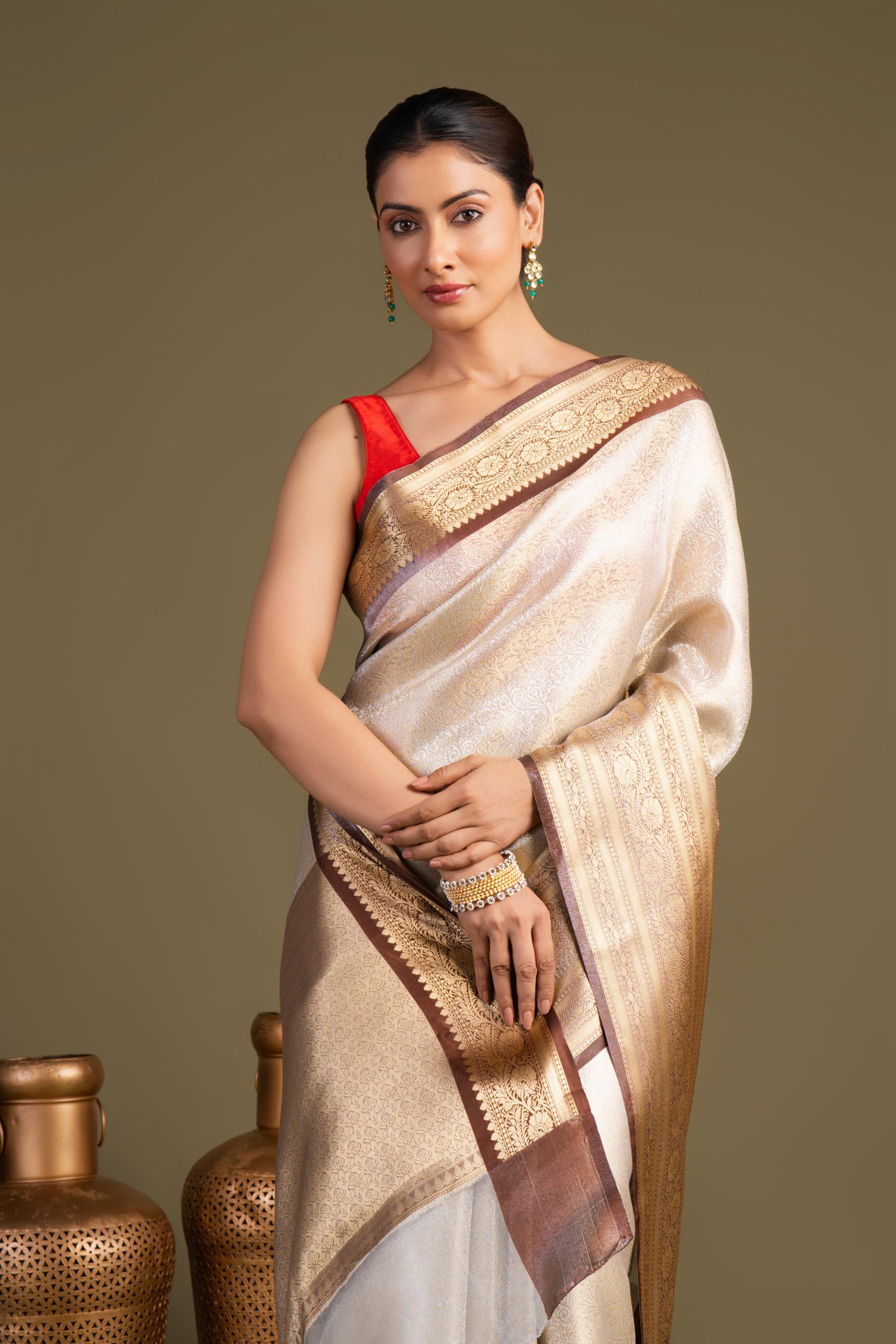 Brown Cream Pure Katan Zari Brocade Banarasi Handloom Saree