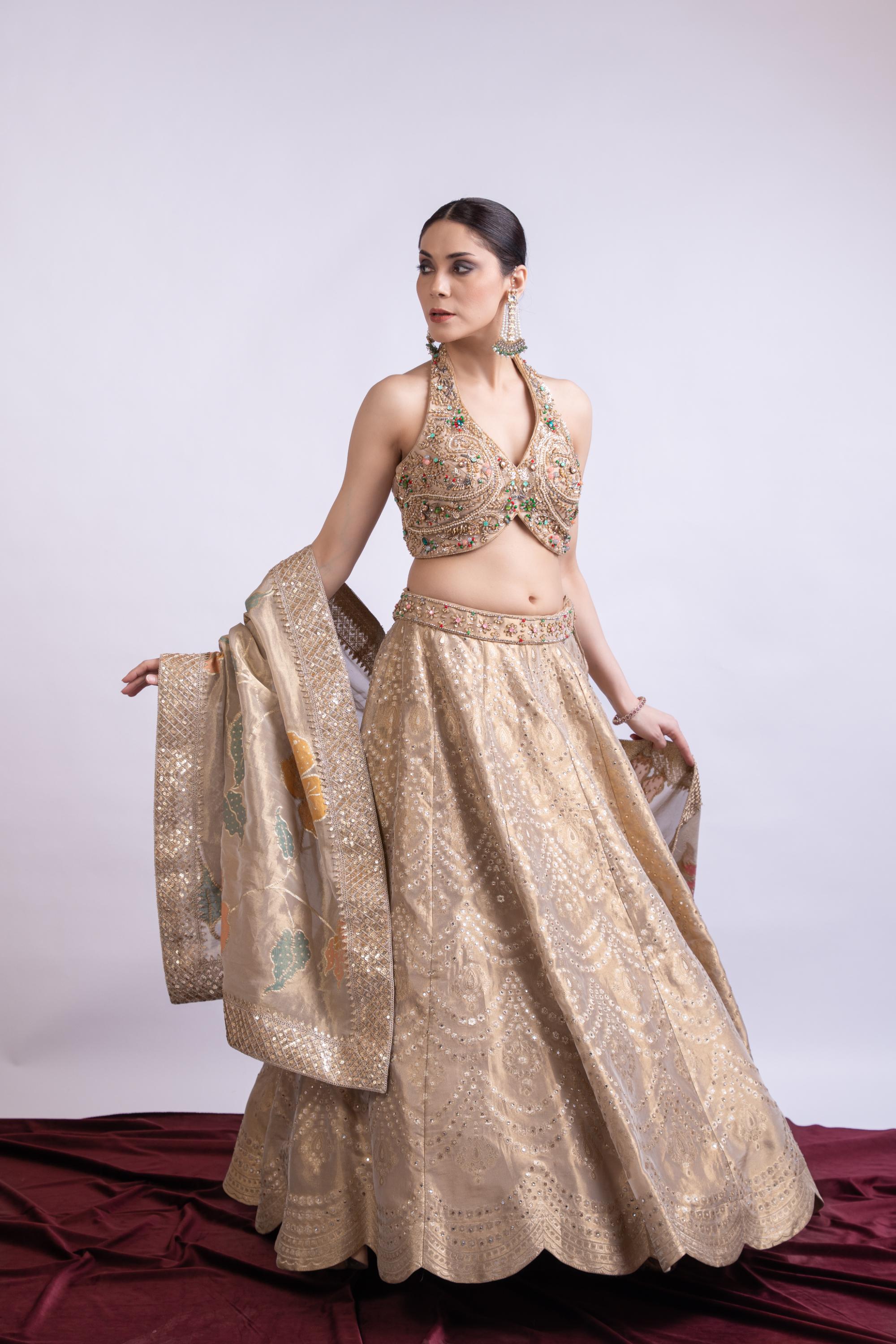 Golden Banarasi Embroidered Lehenga Set with Dupatta