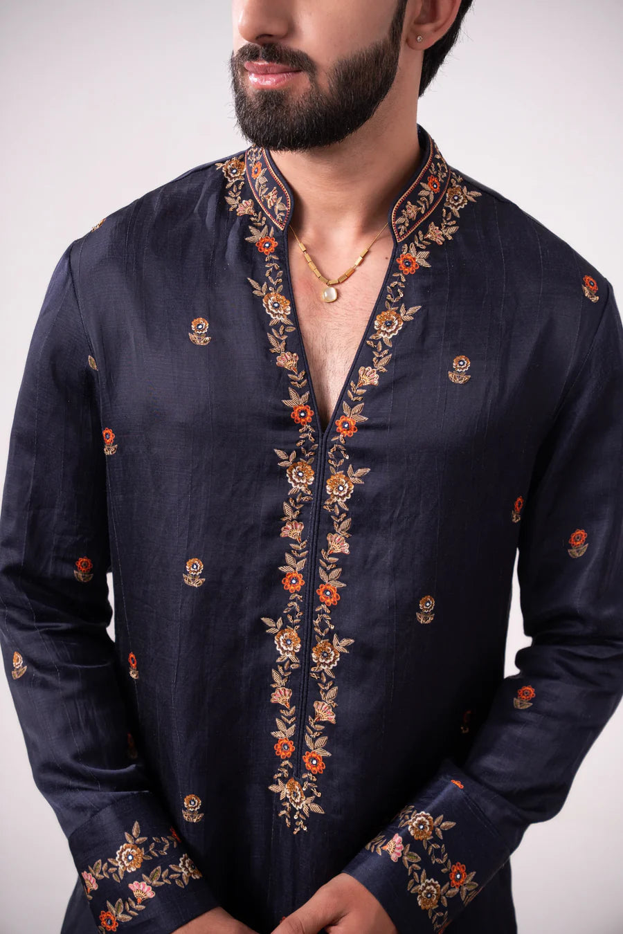 Sapphire Veil Embroidered Linen Silk Kurta