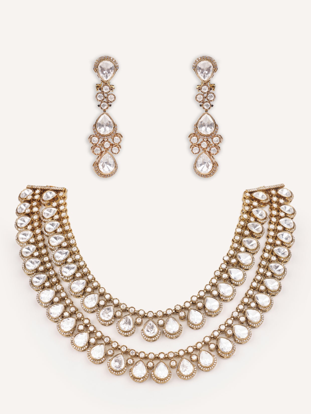 Bold and dramatic two tone polki 2 line necklace set with matching earrings