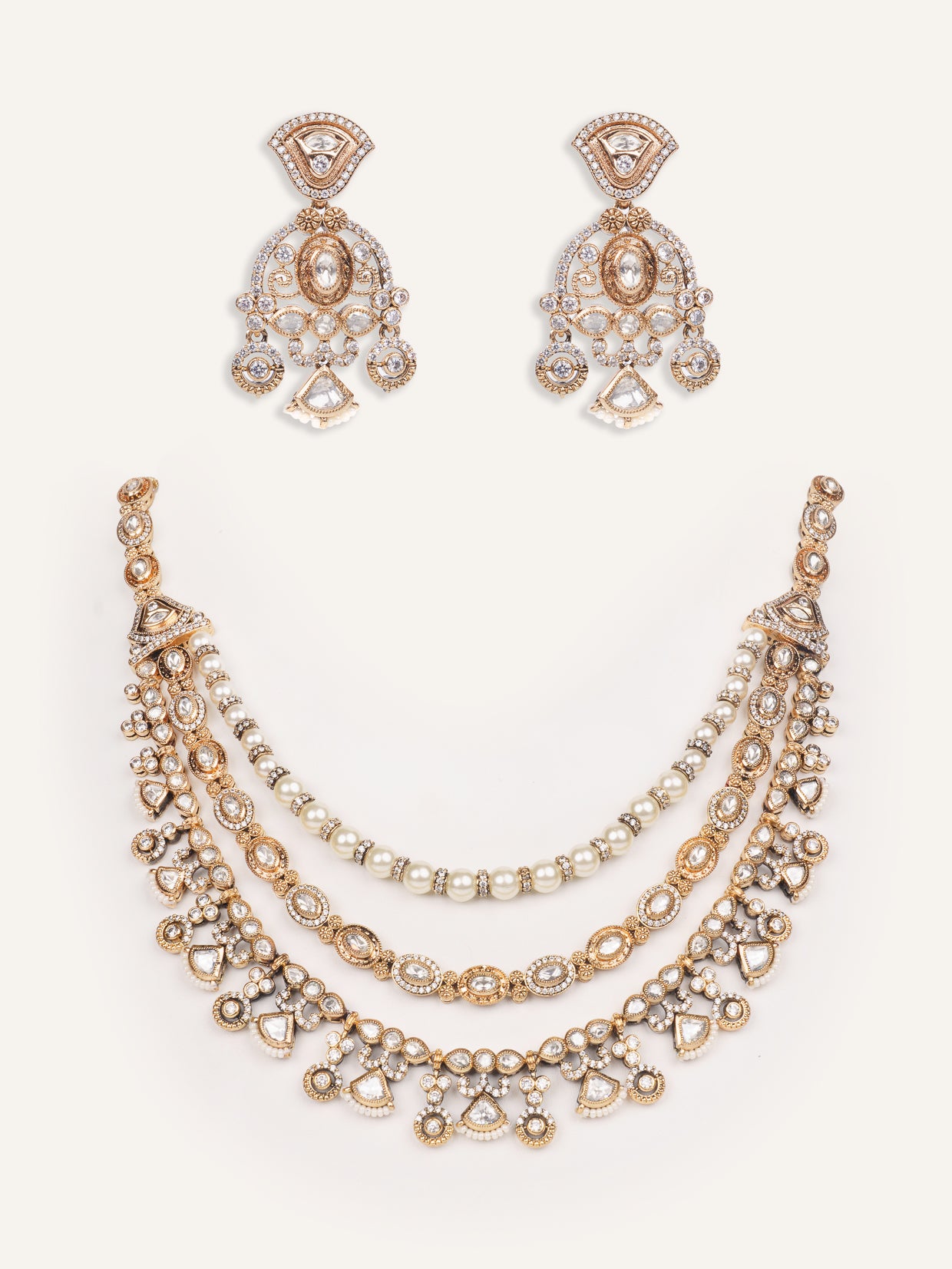 Bold and dramatic 3- line kundan necklace with earrings