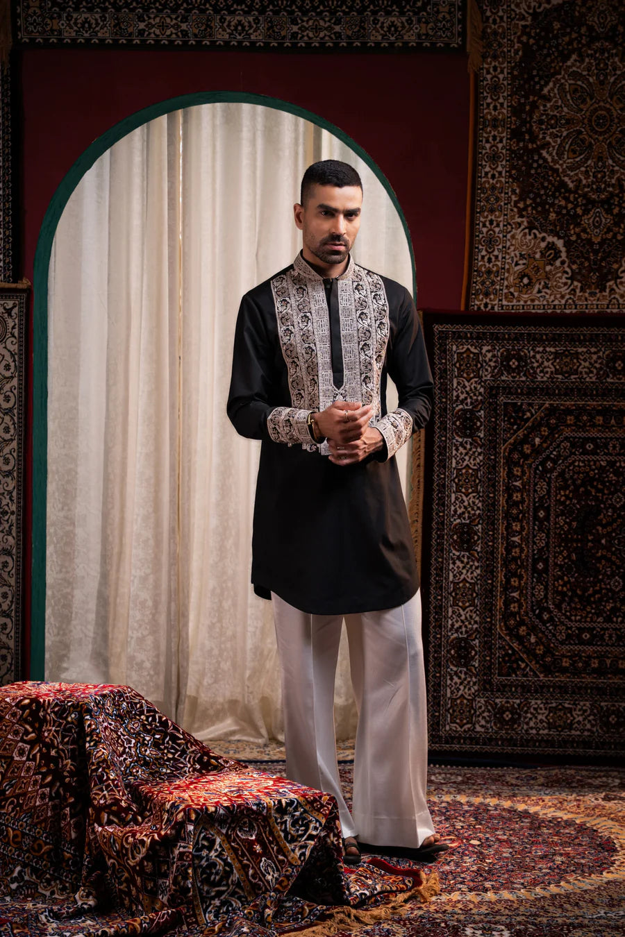 Black Embroidered Kurta in Satin Silk