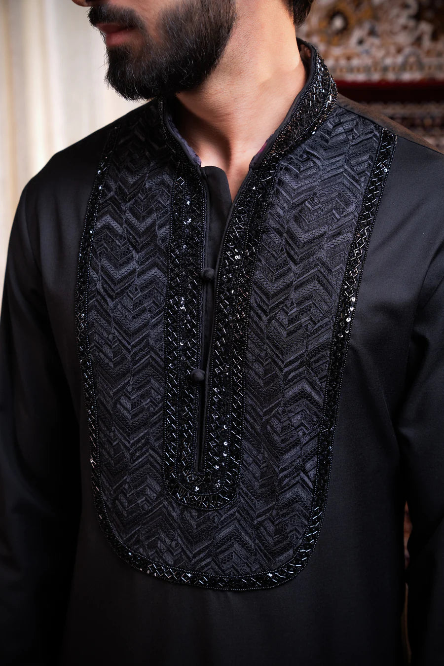Midnight Noir Embroidered Linen Silk Kurta Set