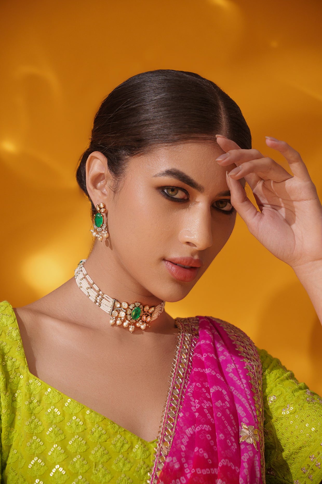 Dramatic and classy two tone kundan choker with matching earrings