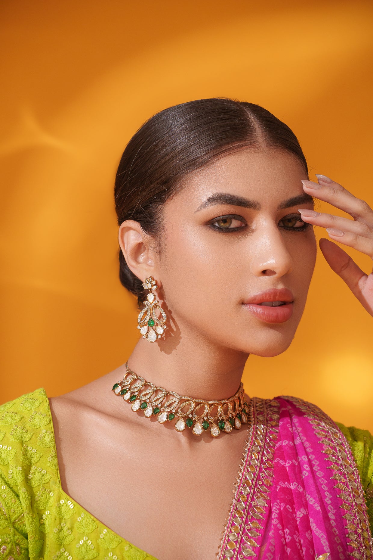 Dramatic and classy two tone kundan polki stone necklace set with matching earrings