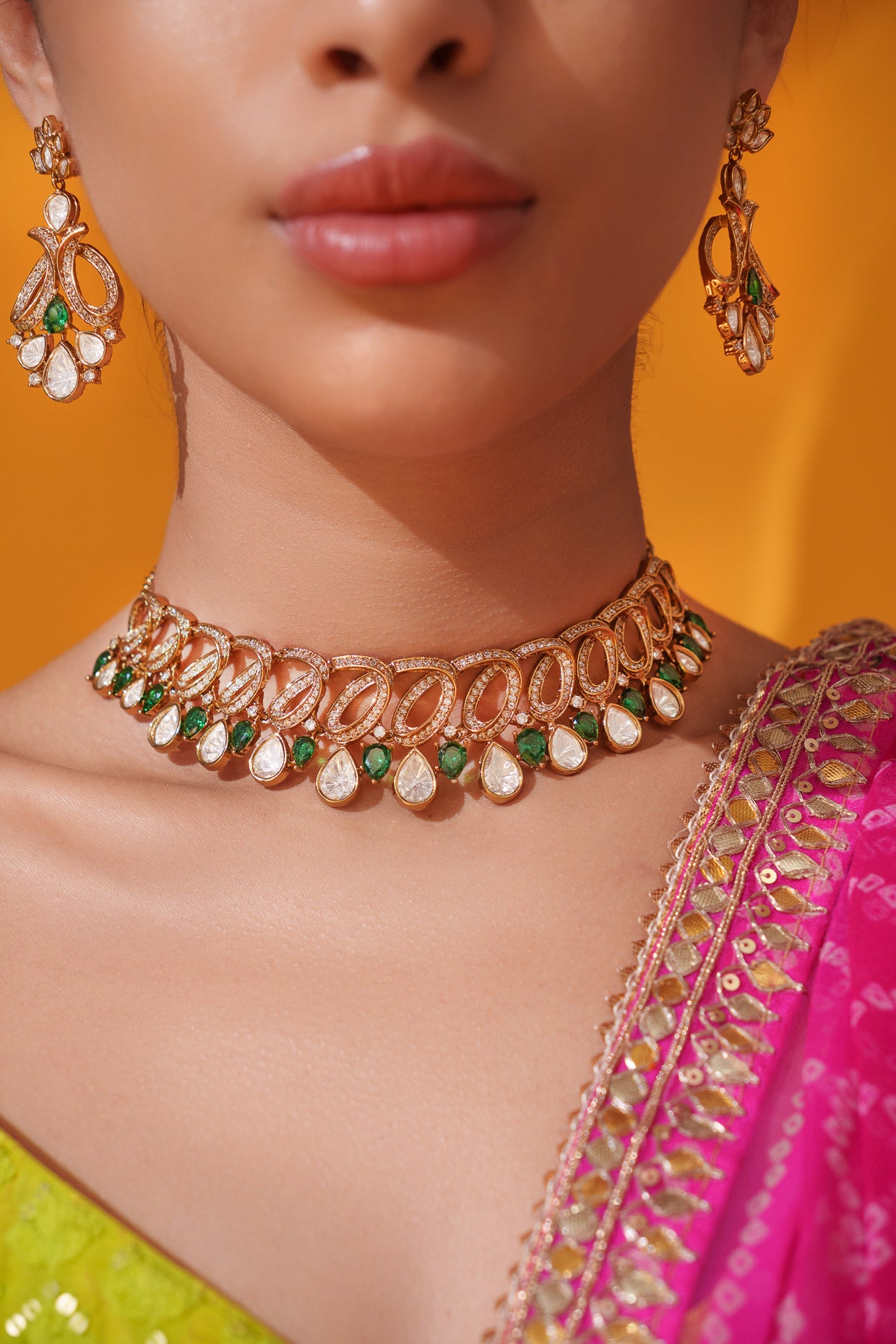 Dramatic and classy two tone kundan polki stone necklace set with matching earrings