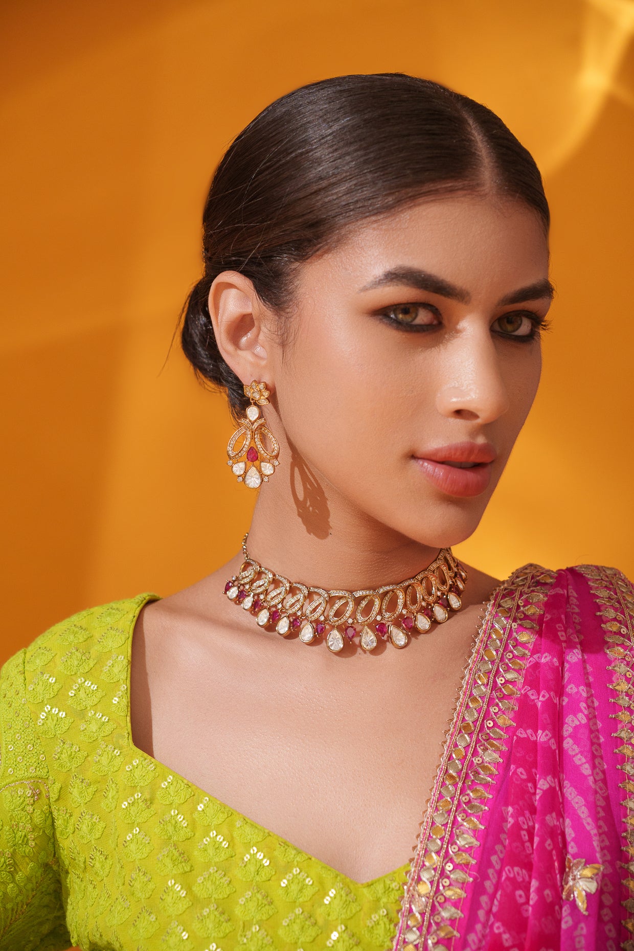 Dramatic and classy two tone kundan polki stone necklace set with matching earrings