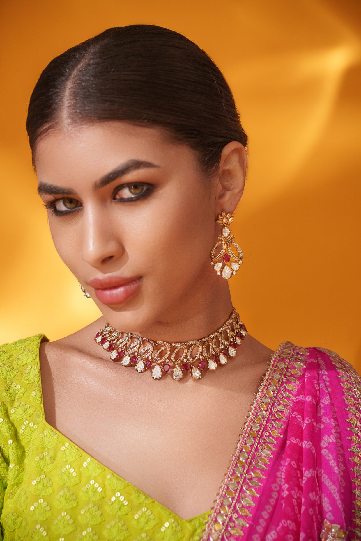 Dramatic and classy two tone kundan polki stone necklace set with matching earrings