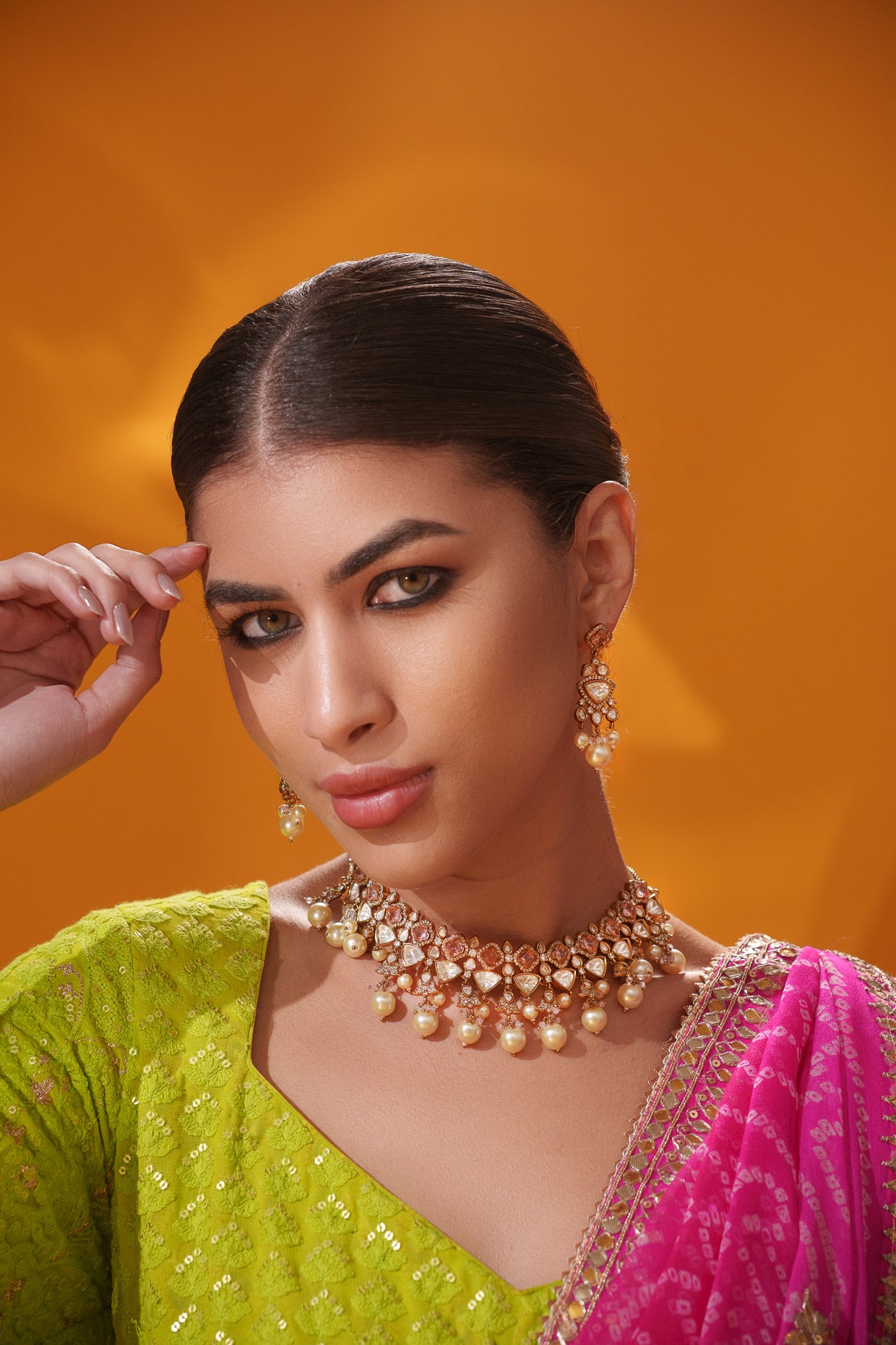 Dramatic and classy two tone kundan polki stone necklace set with matching earrings