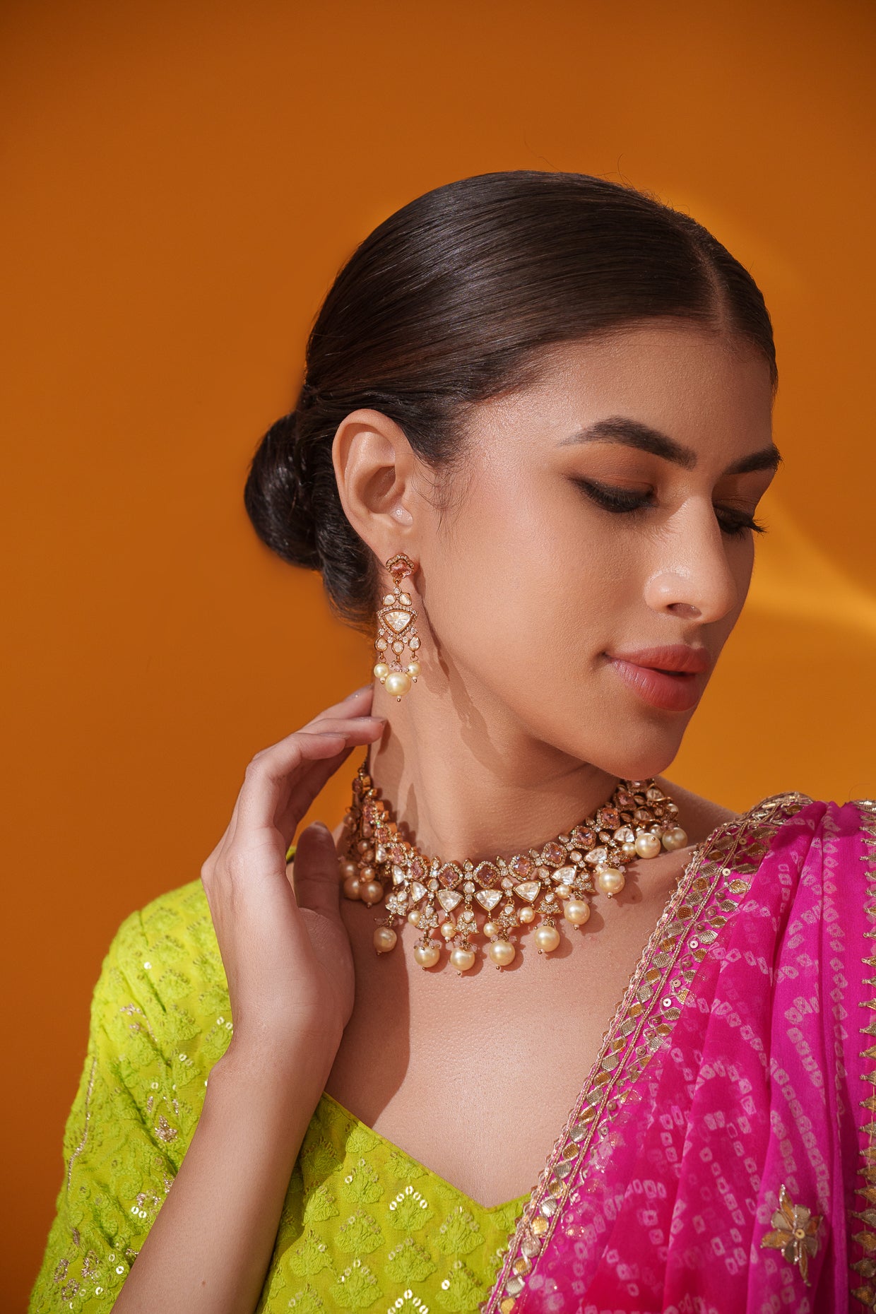 Dramatic and classy two tone kundan polki stone necklace set with matching earrings