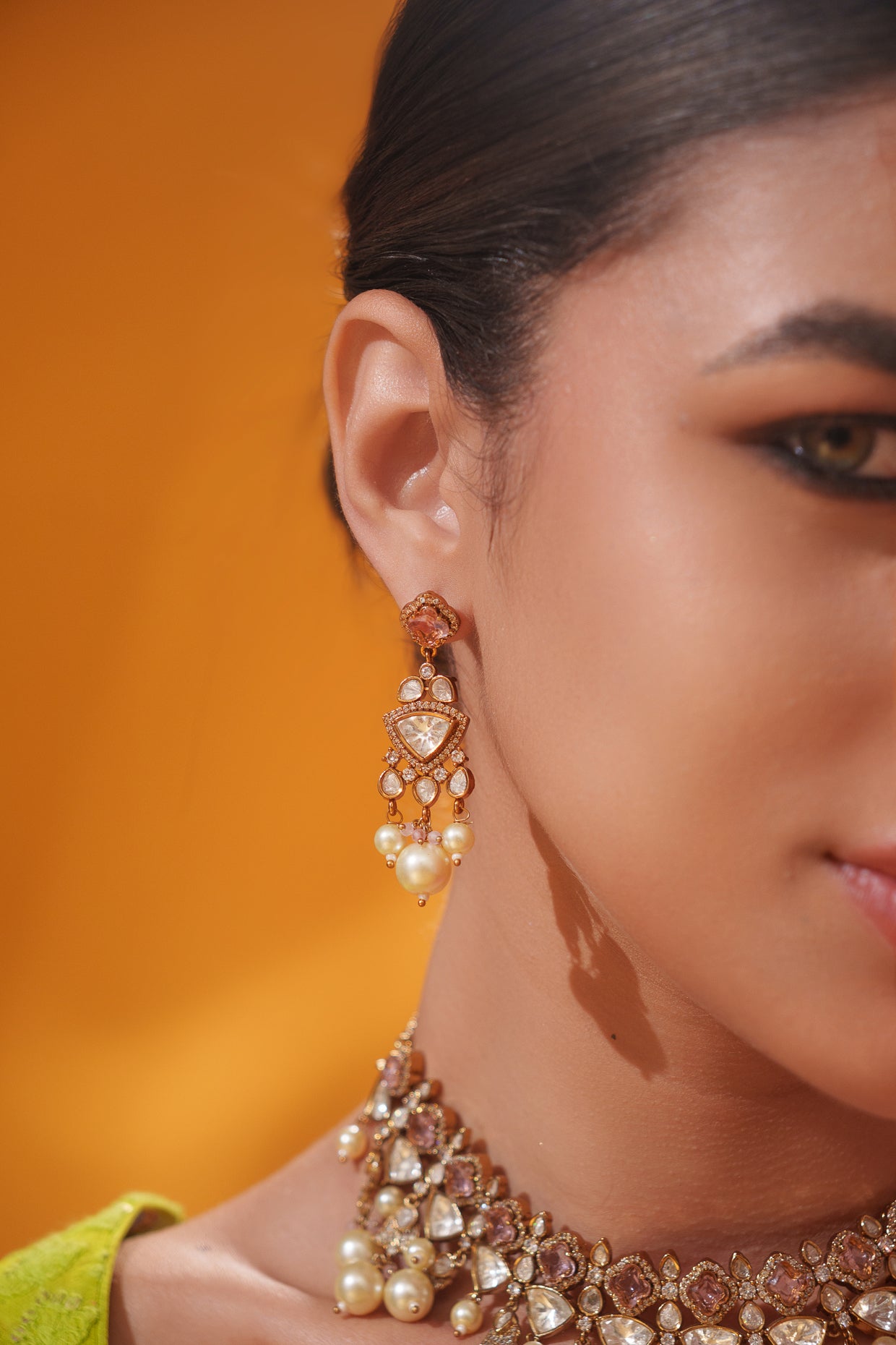 Dramatic and classy two tone kundan polki stone necklace set with matching earrings